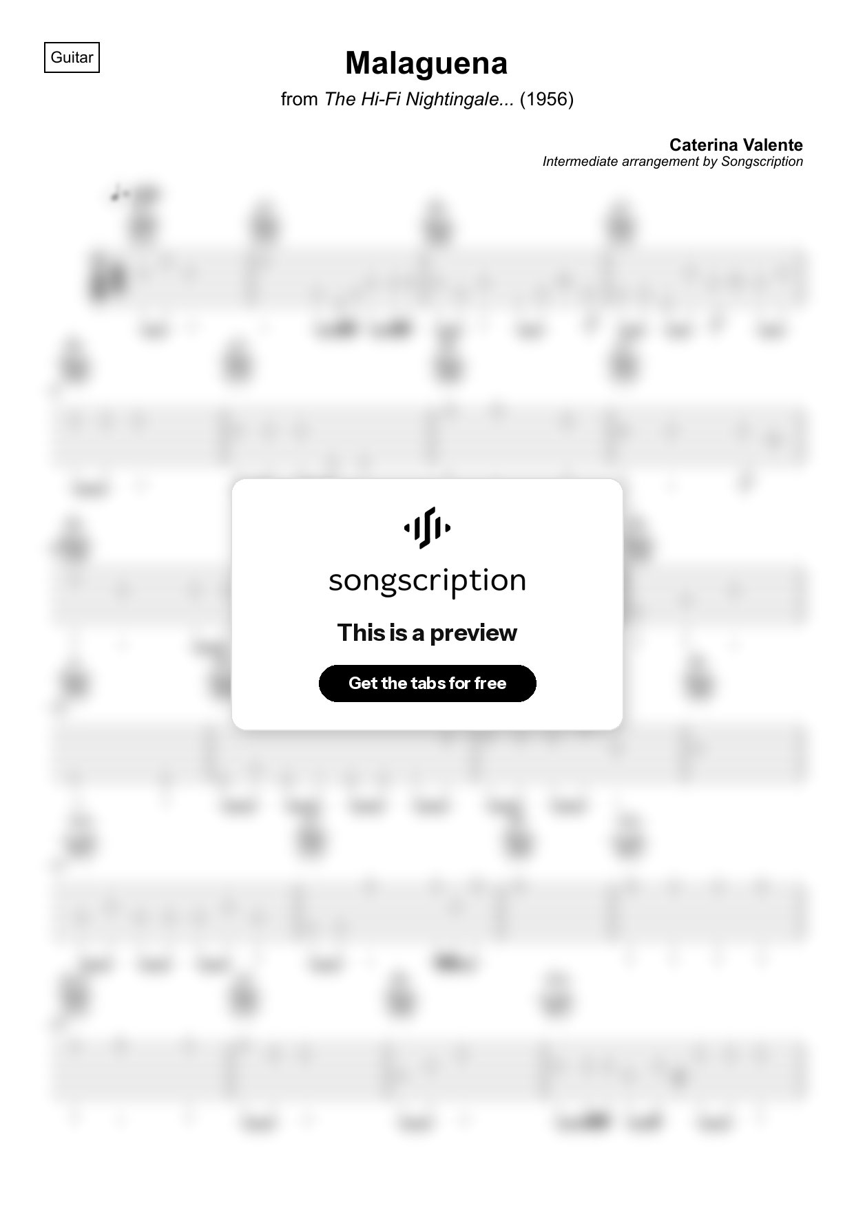 Intermediate Acoustic Guitar Tabs for "Malaguena" by Caterina Valente