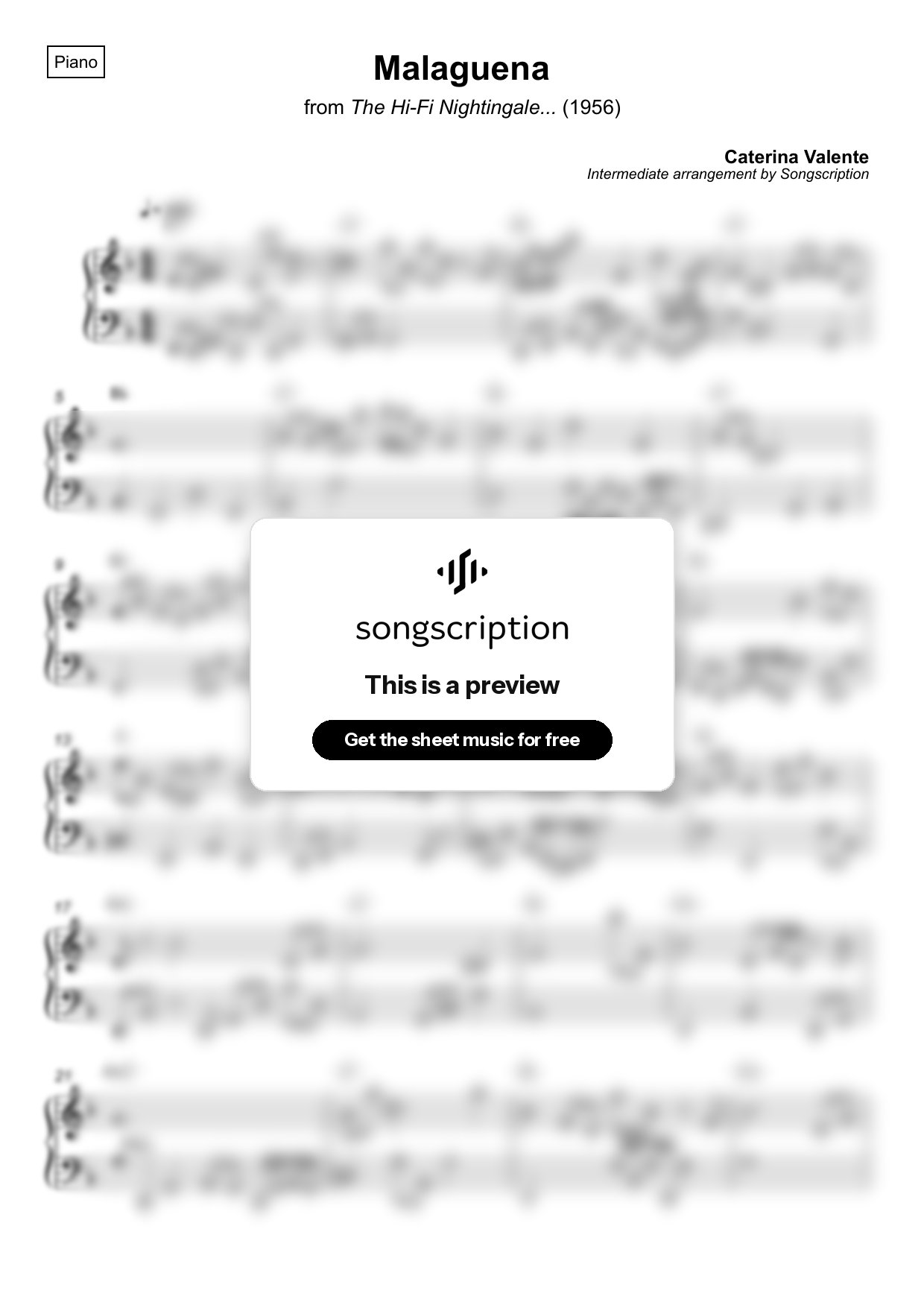 Intermediate Piano Sheet Music for "Malaguena" by Caterina Valente