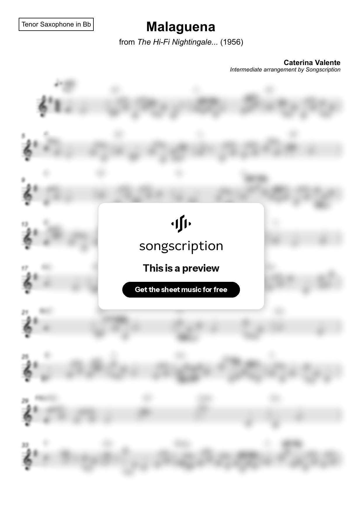 Intermediate Tenor Sax Sheet Music for "Malaguena" by Caterina Valente