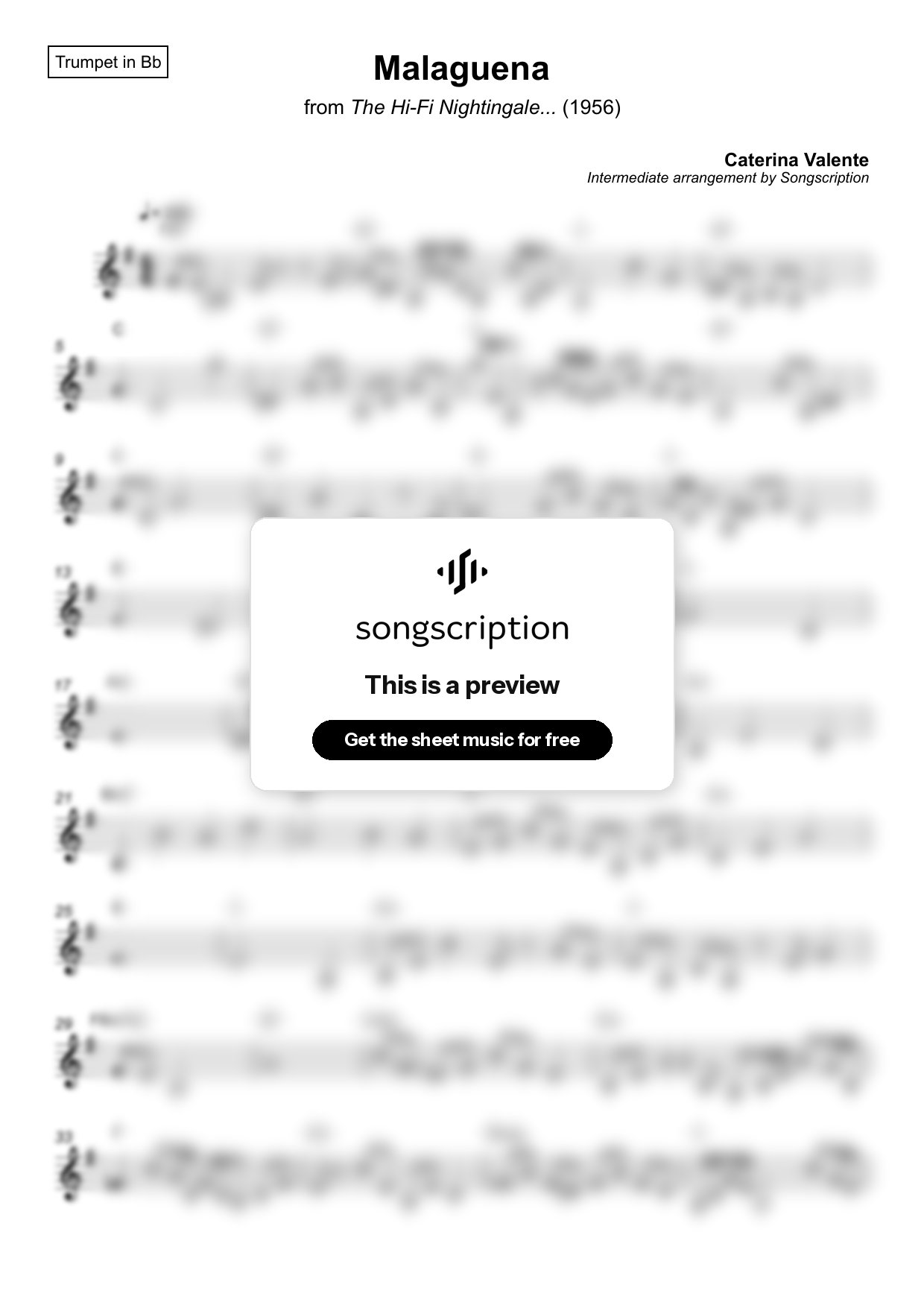 Intermediate Trumpet Sheet Music for "Malaguena" by Caterina Valente