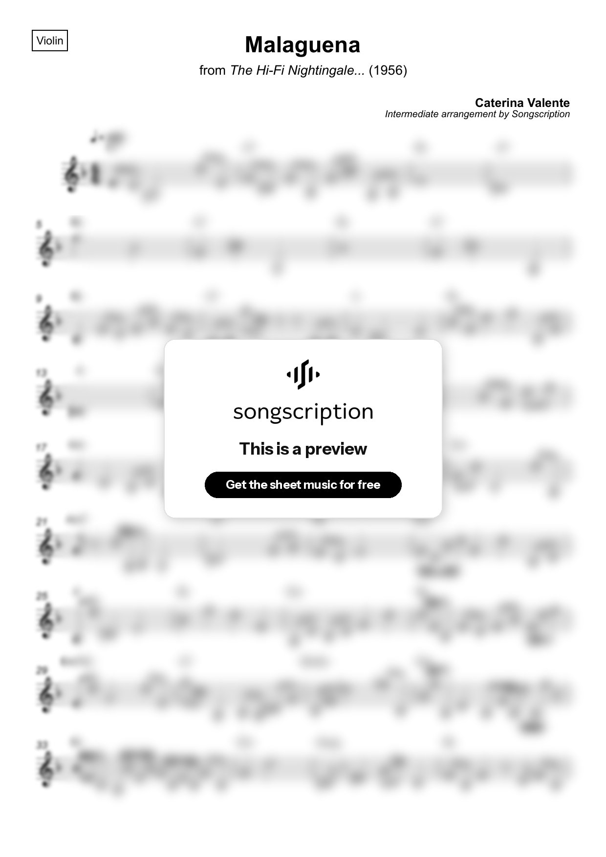 Intermediate Violin Sheet Music for "Malaguena" by Caterina Valente