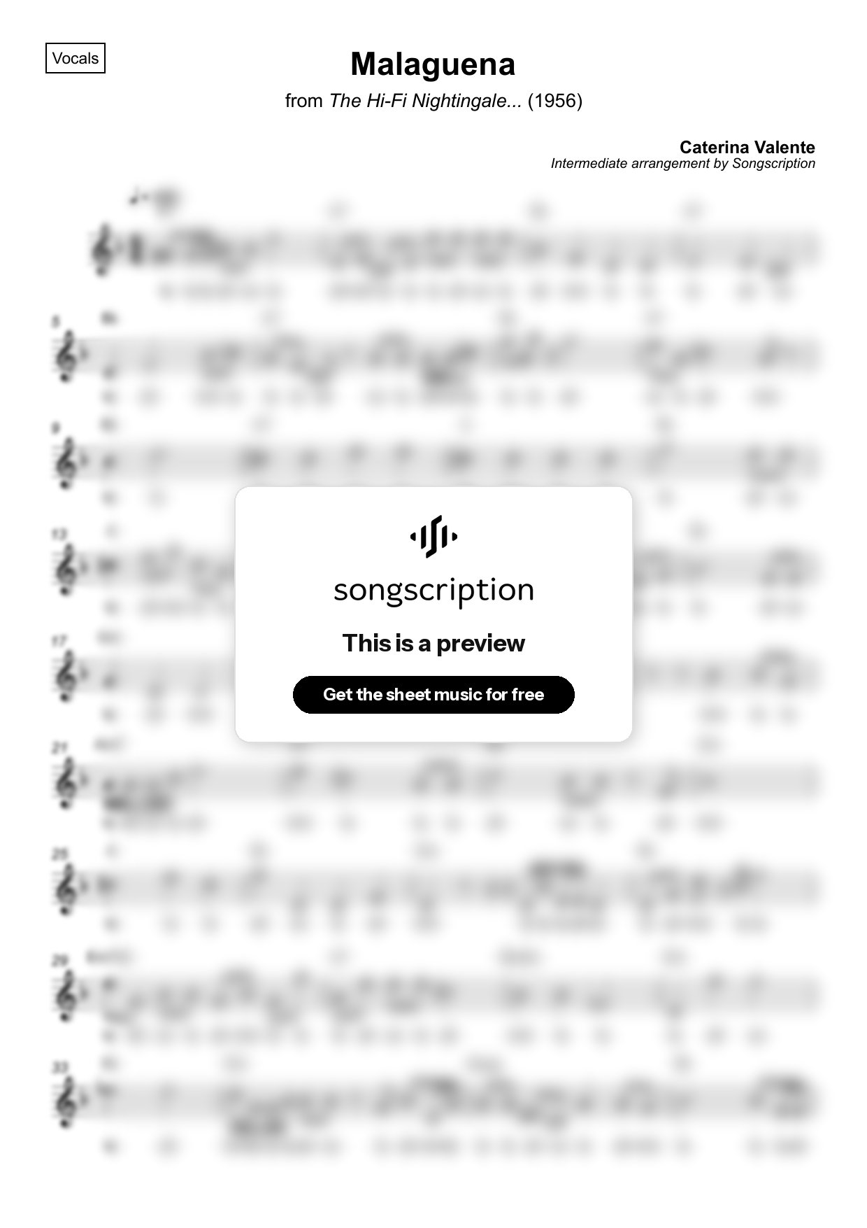 Intermediate Vocals Sheet Music for "Malaguena" by Caterina Valente