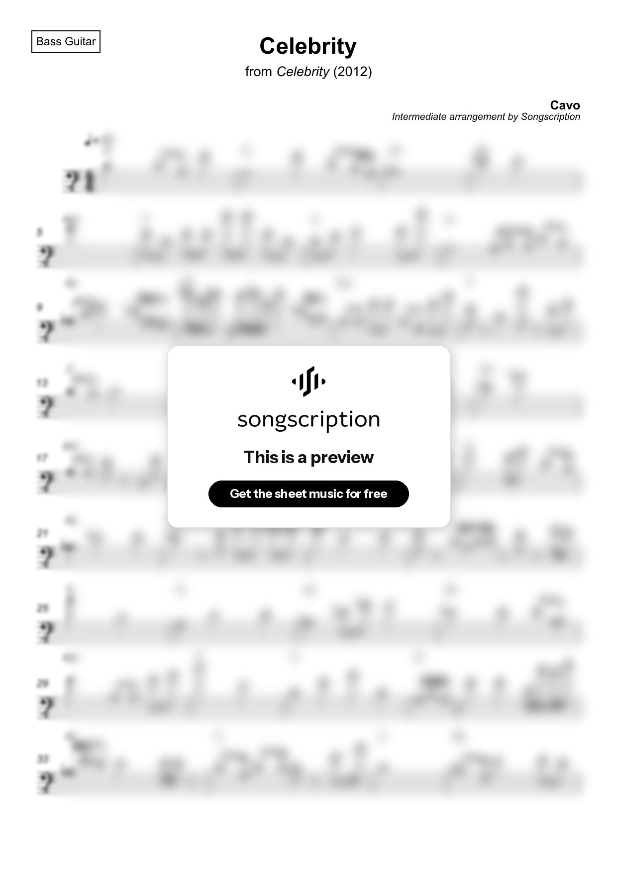 Intermediate Bass Guitar Sheet Music for "Celebrity" by Cavo