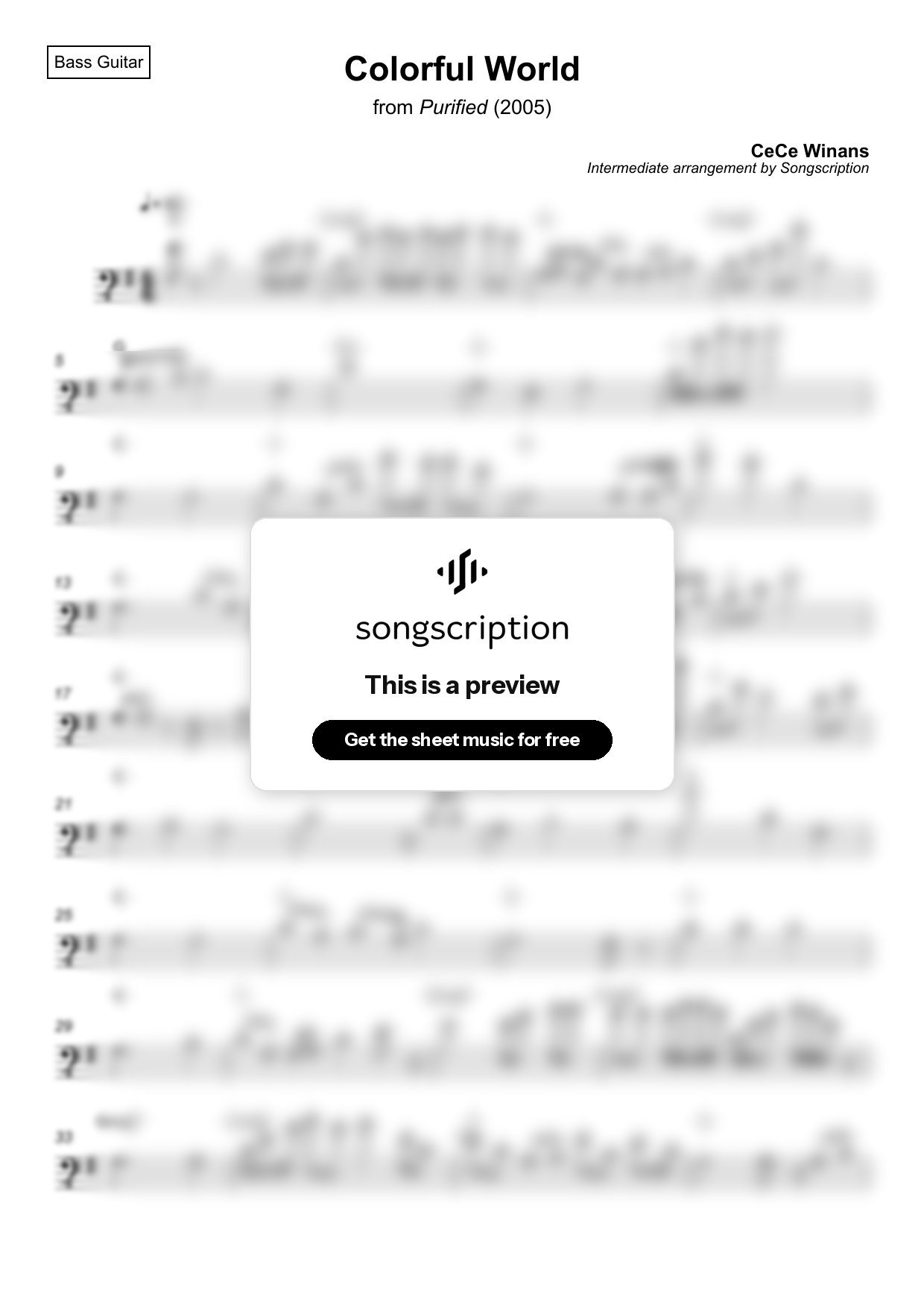 Intermediate Bass Guitar Sheet Music for "Colorful World" by CeCe Winans