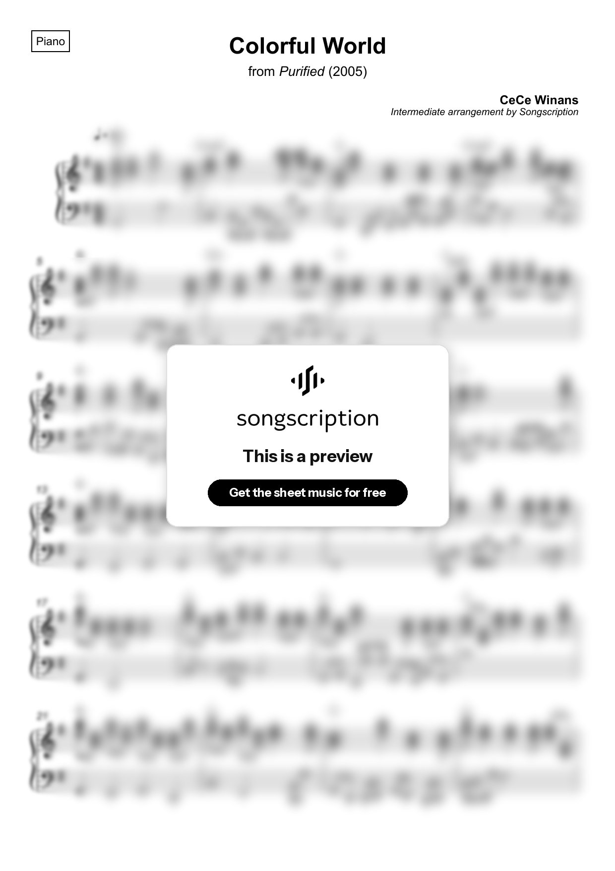Intermediate Piano Sheet Music for "Colorful World" by CeCe Winans