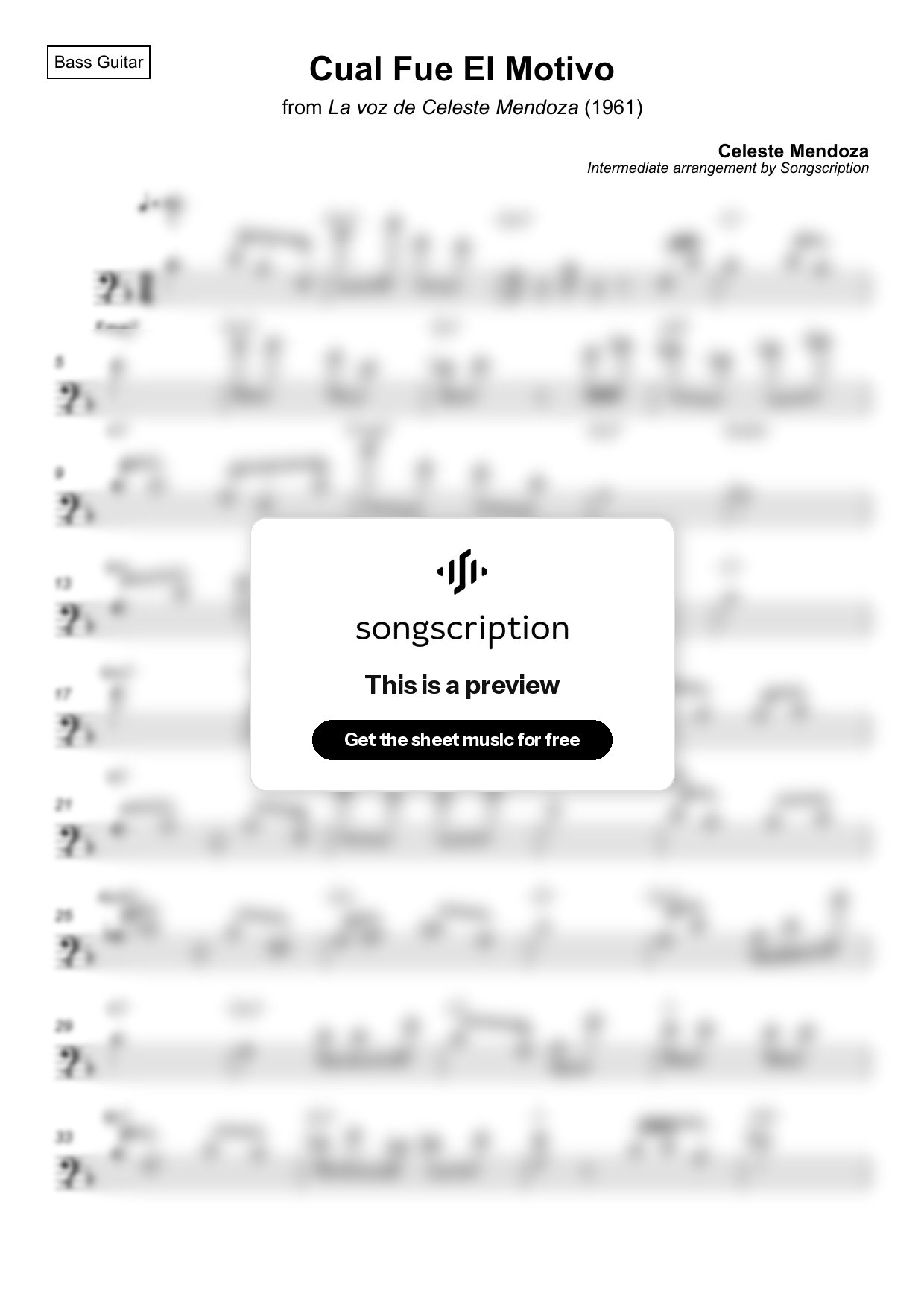Intermediate Bass Guitar Sheet Music for "Cual Fue El Motivo" by Celeste Mendoza