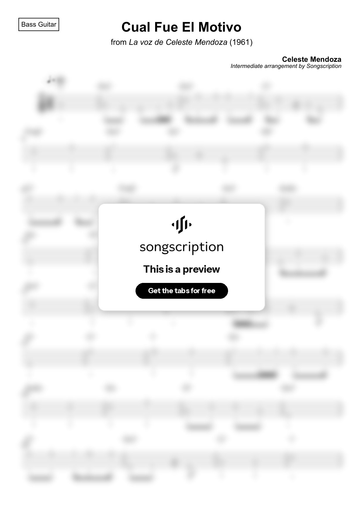 Intermediate Bass Guitar Tabs for "Cual Fue El Motivo" by Celeste Mendoza