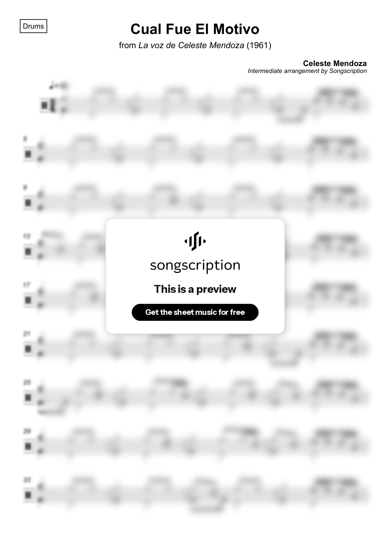 Intermediate Drums Sheet Music for "Cual Fue El Motivo" by Celeste Mendoza