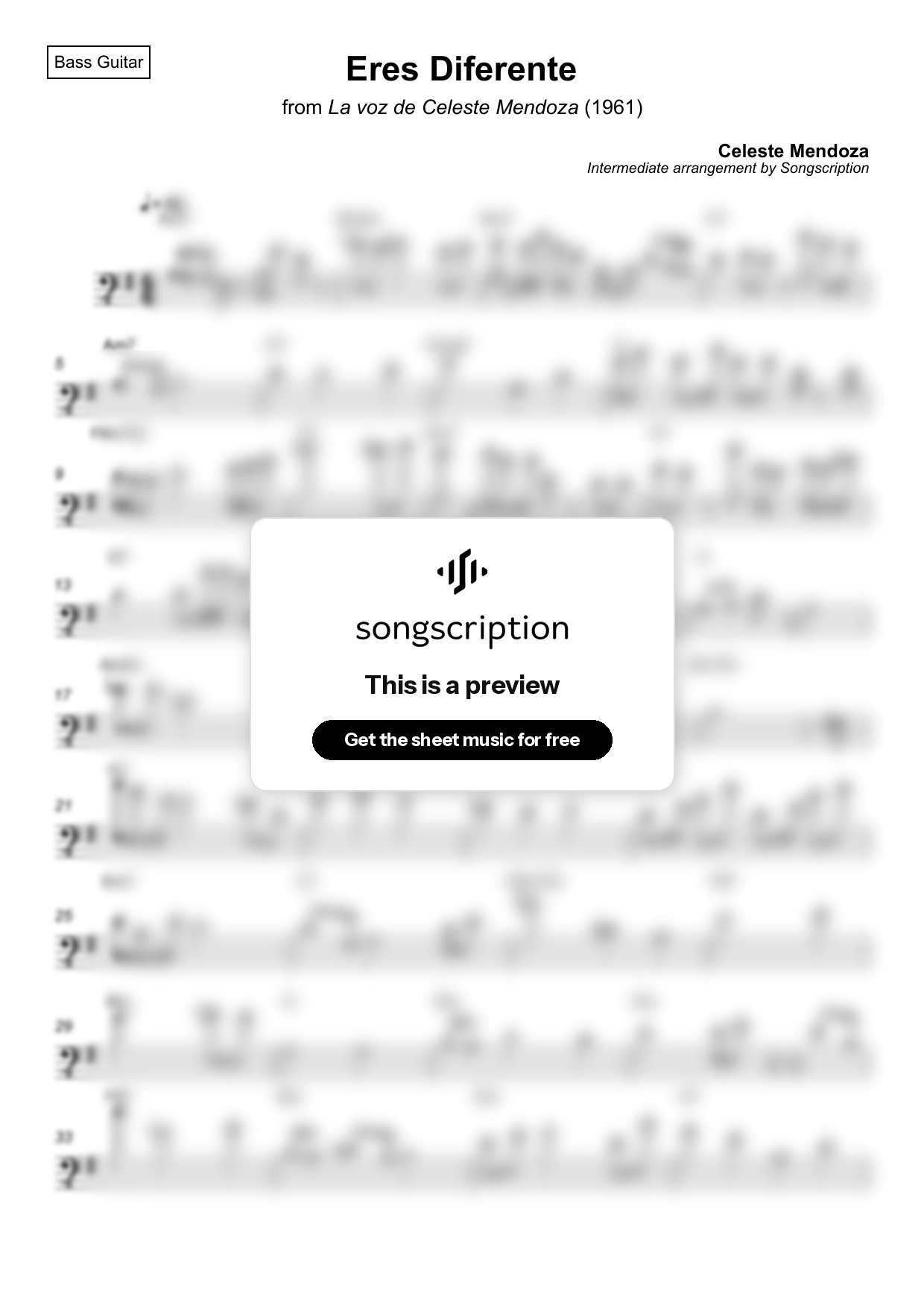 Intermediate Bass Guitar Sheet Music for "Eres Diferente" by Celeste Mendoza