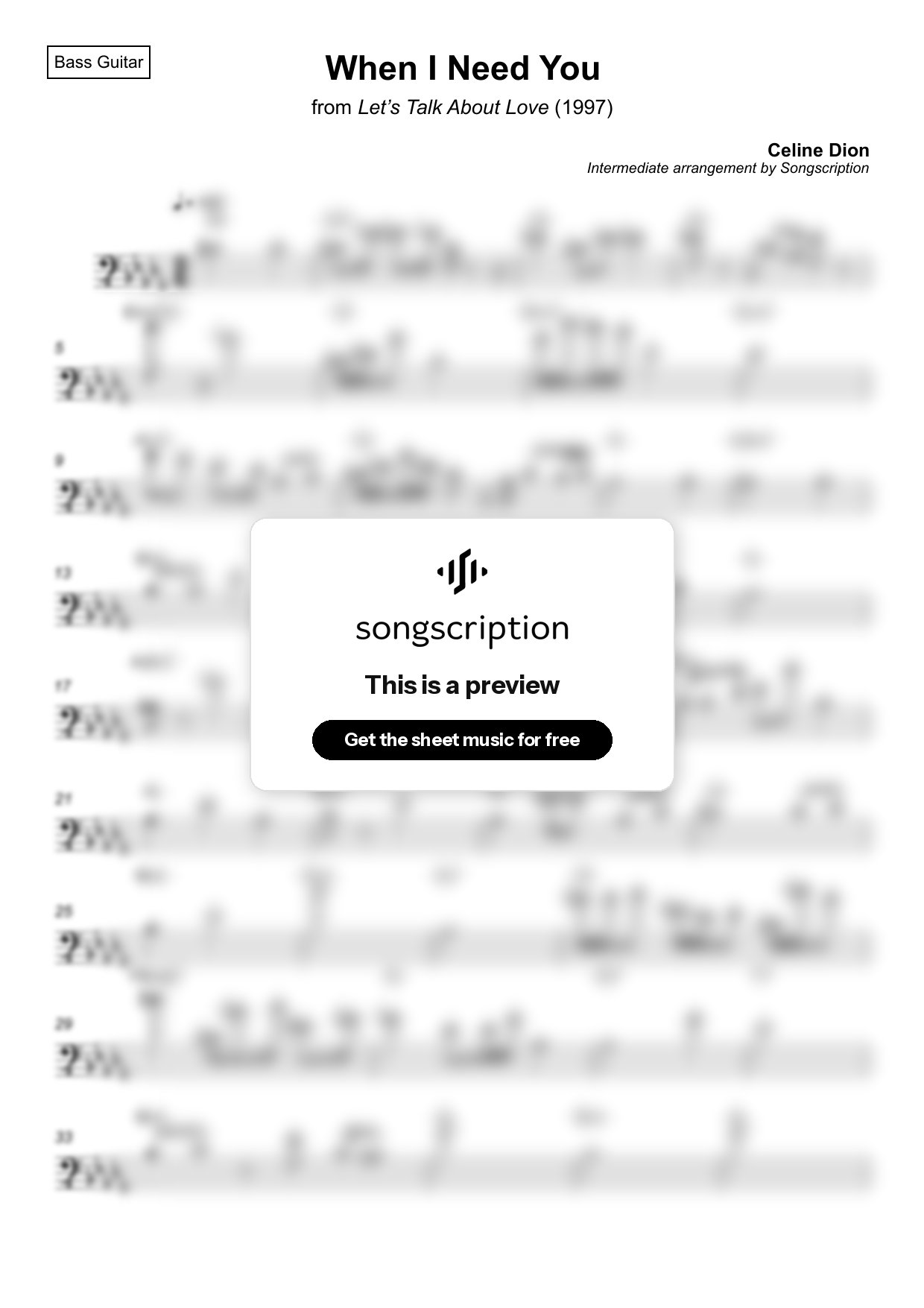 Intermediate Bass Guitar Sheet Music for "When I Need You" by Celine Dion
