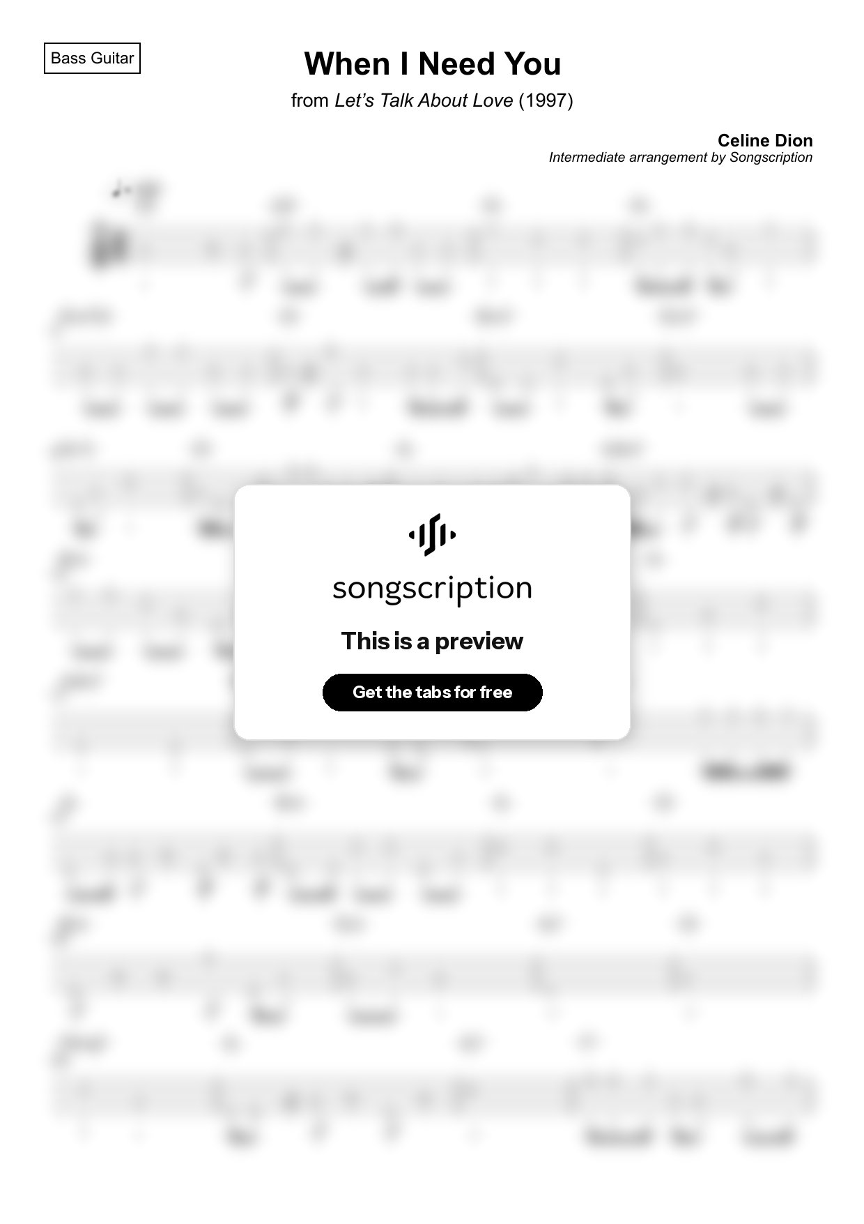 Intermediate Bass Guitar Tabs for "When I Need You" by Celine Dion