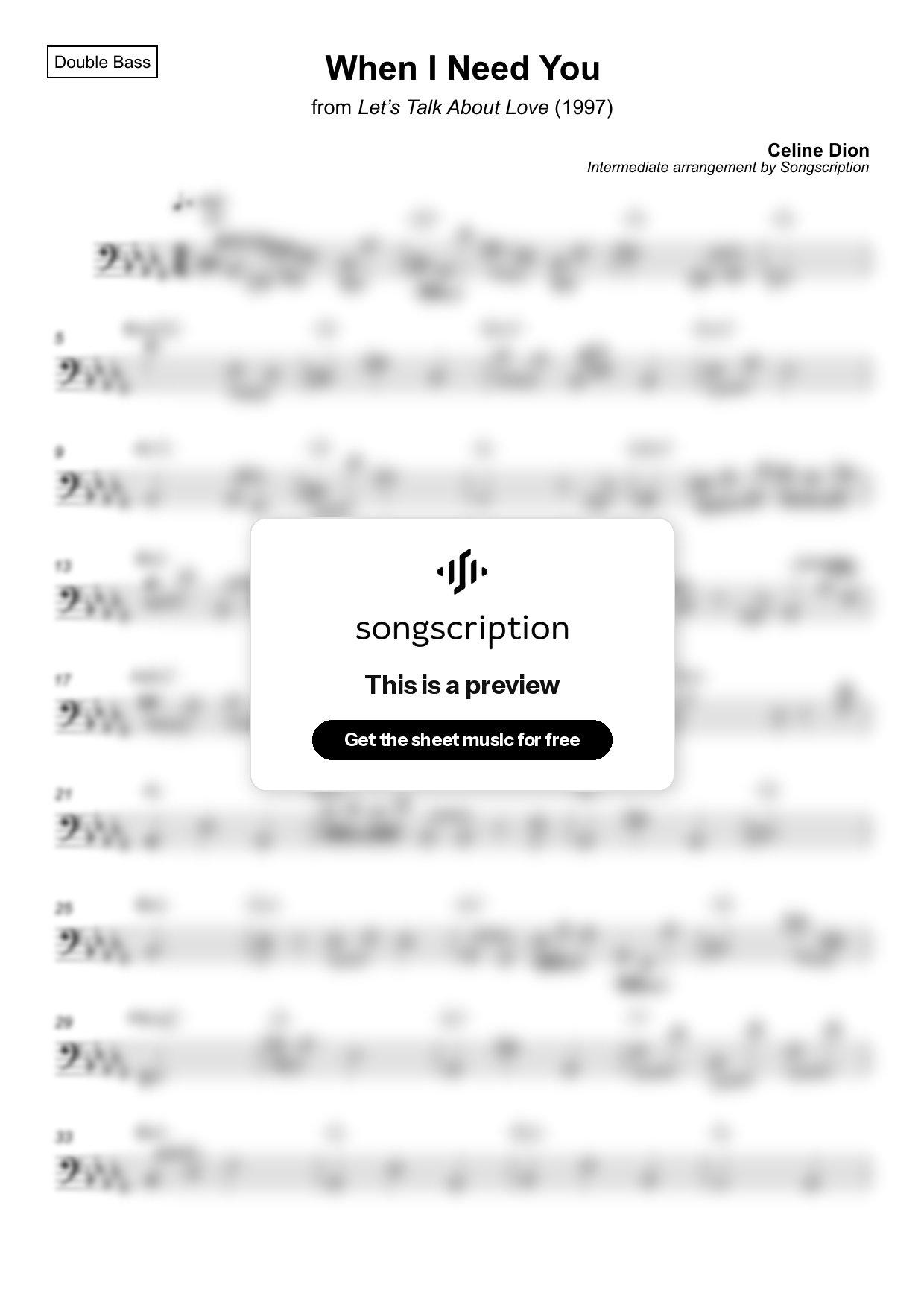 Intermediate Double Bass Sheet Music for "When I Need You" by Celine Dion