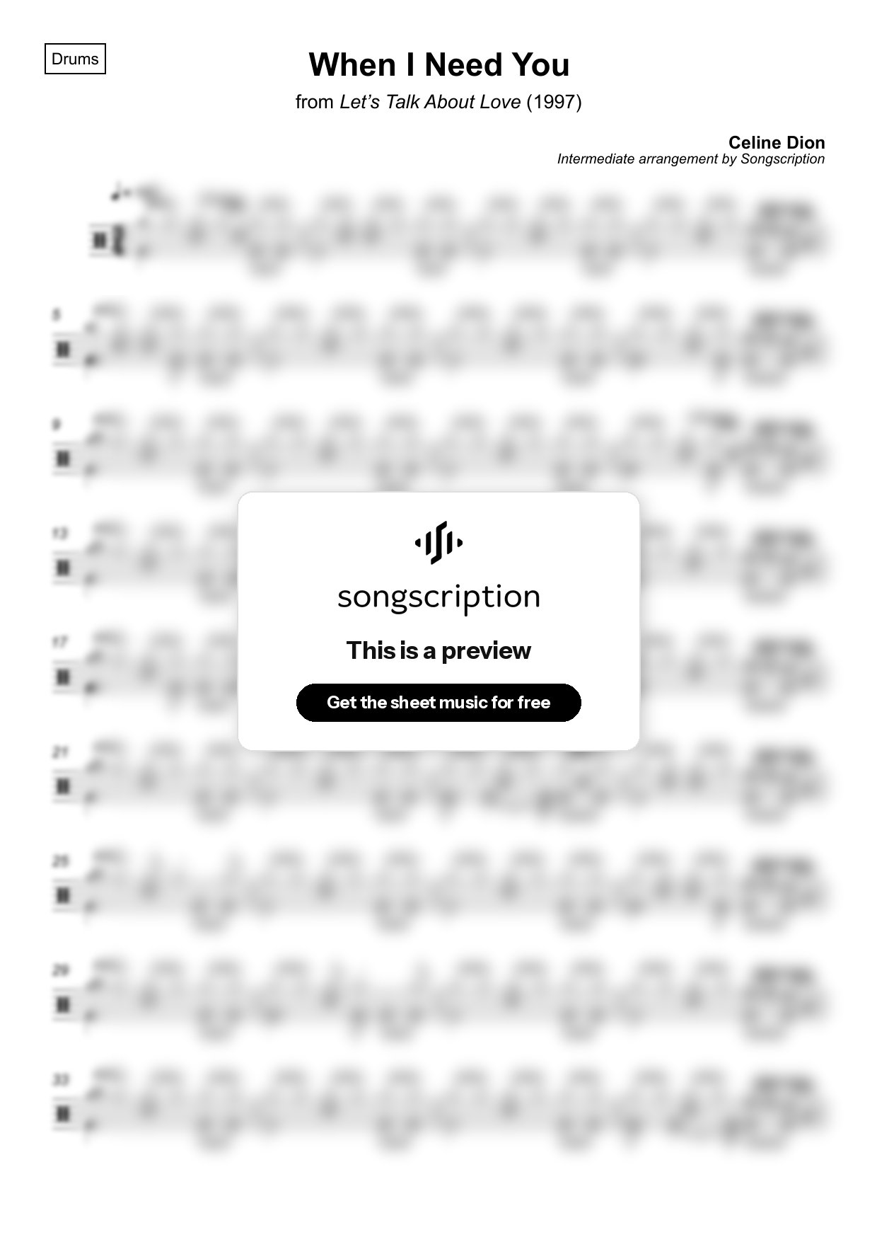 Intermediate Drums Sheet Music for "When I Need You" by Celine Dion