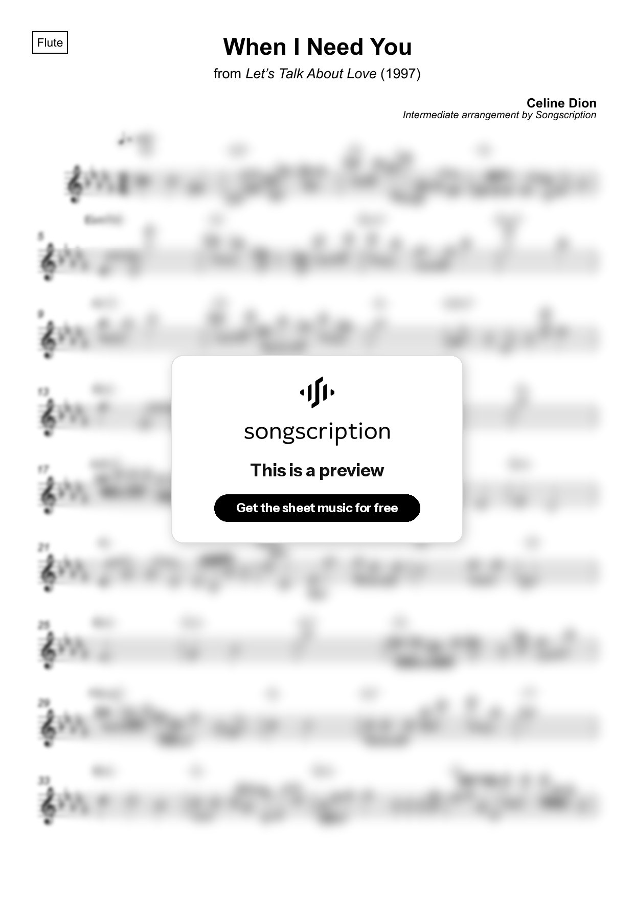 Intermediate Flute Sheet Music for "When I Need You" by Celine Dion
