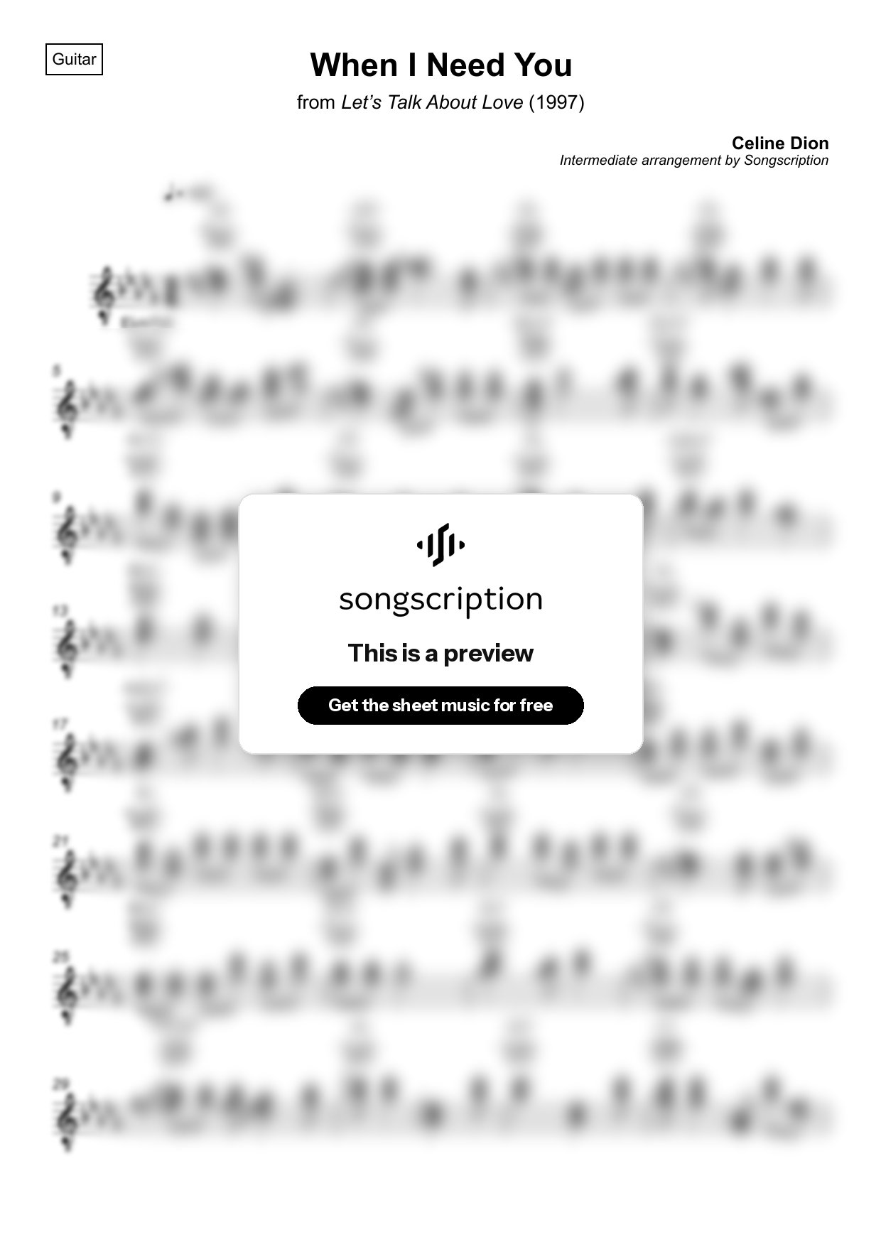 Intermediate Acoustic Guitar Sheet Music for "When I Need You" by Celine Dion
