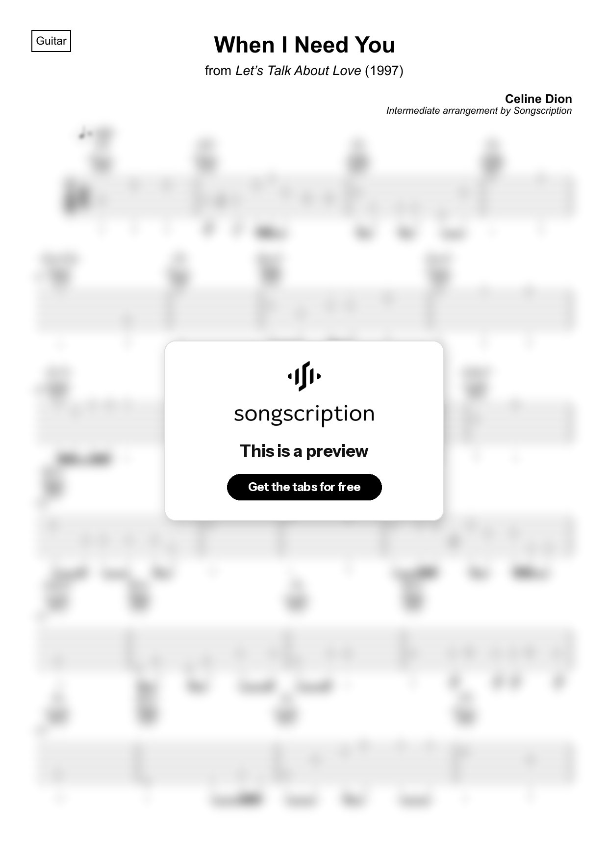 Intermediate Acoustic Guitar Tabs for "When I Need You" by Celine Dion