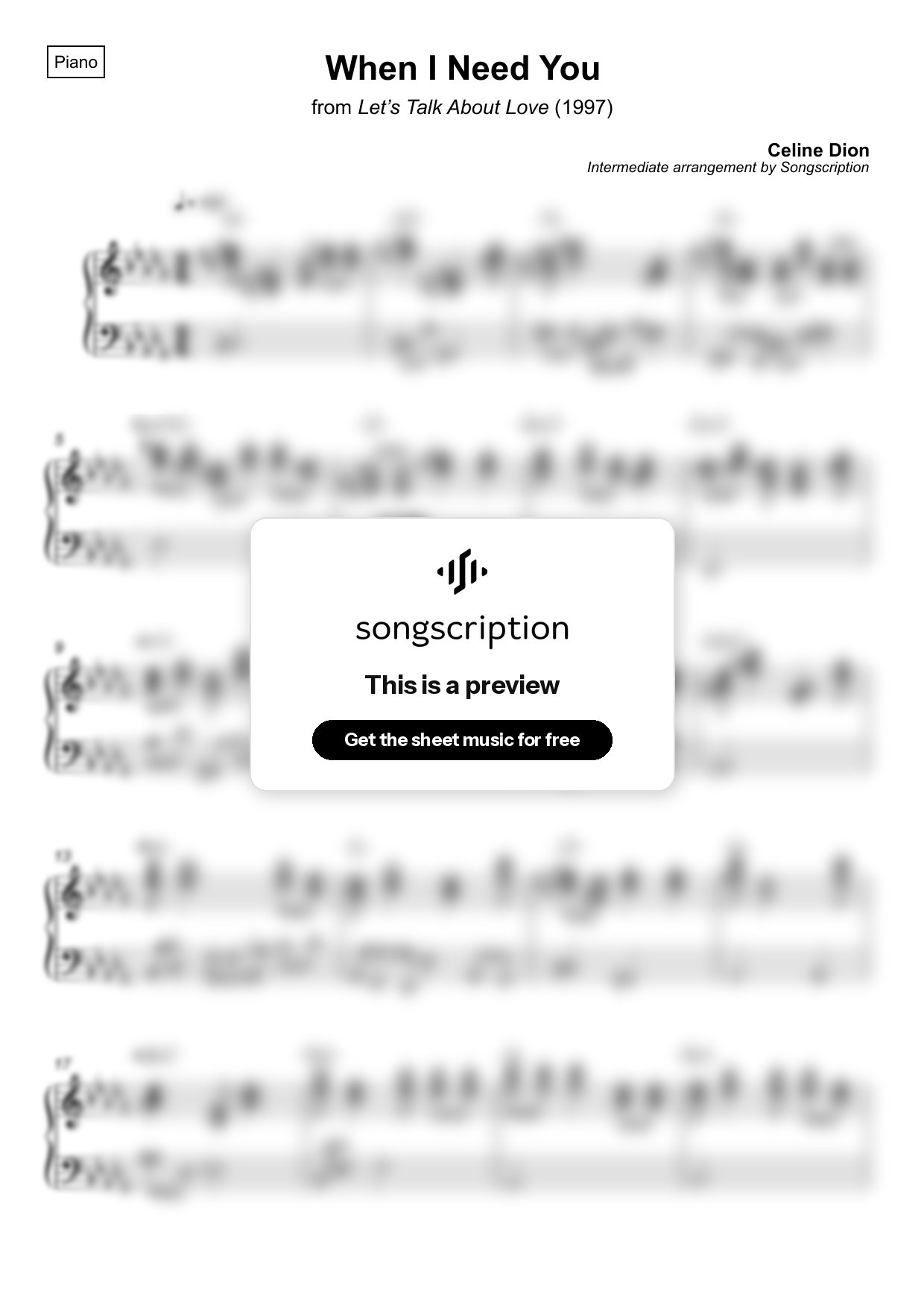 Intermediate Piano Sheet Music for "When I Need You" by Celine Dion