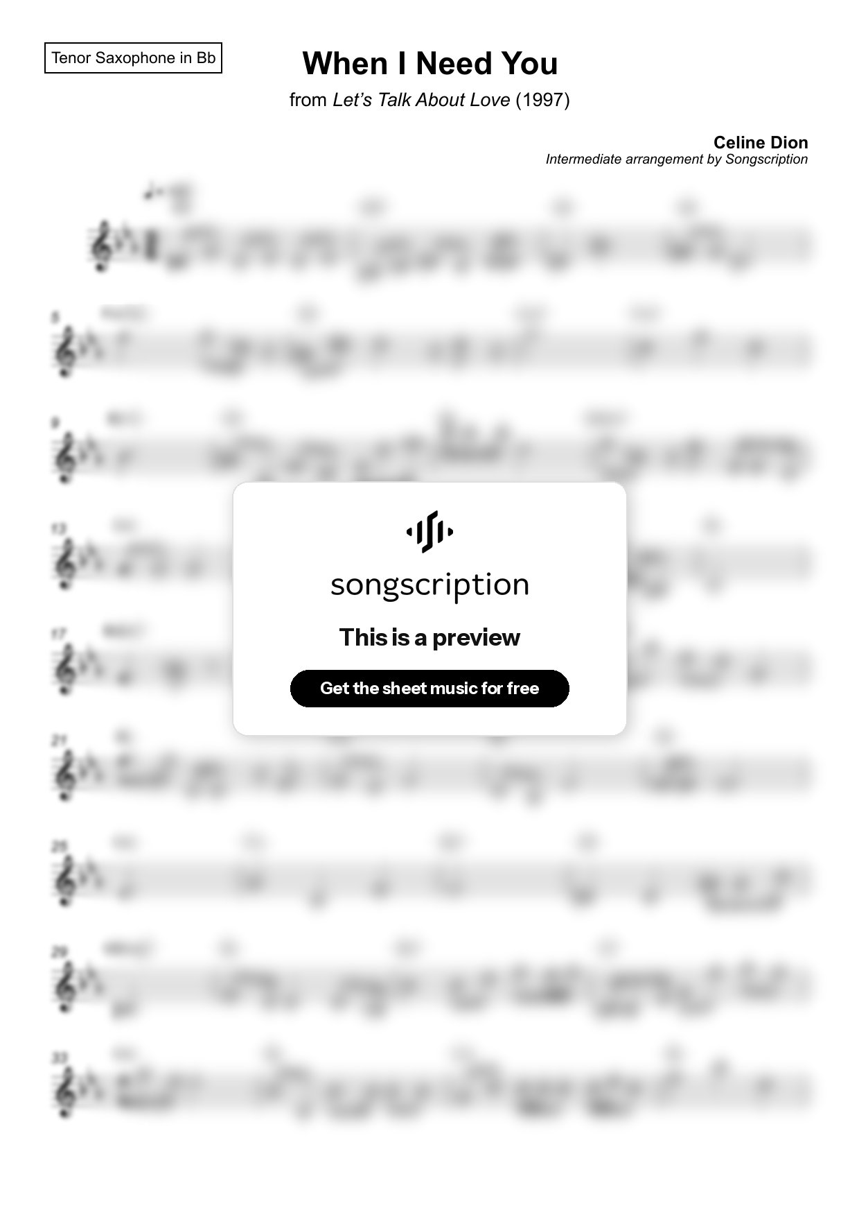 Intermediate Tenor Sax Sheet Music for "When I Need You" by Celine Dion