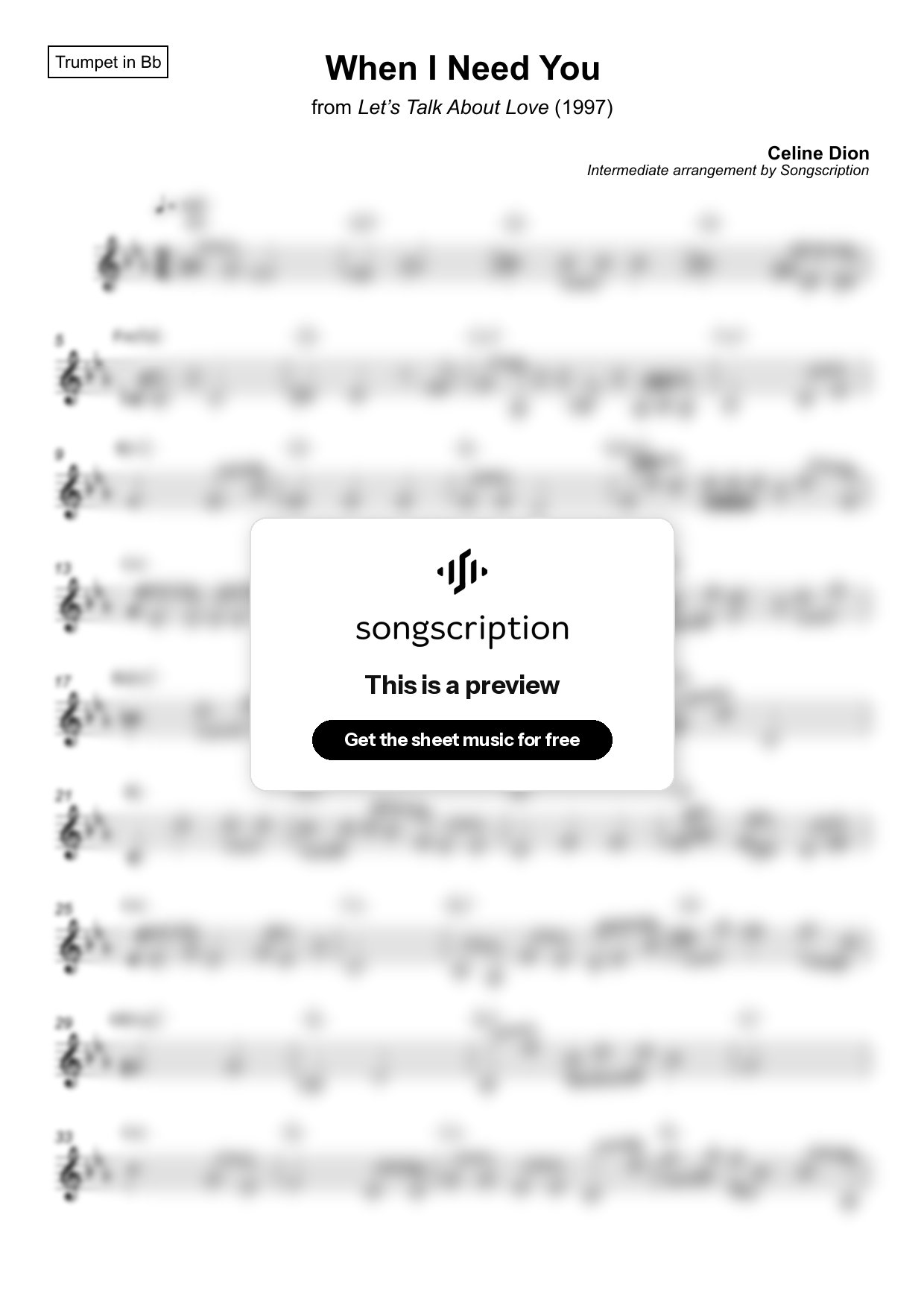 Intermediate Trumpet Sheet Music for "When I Need You" by Celine Dion