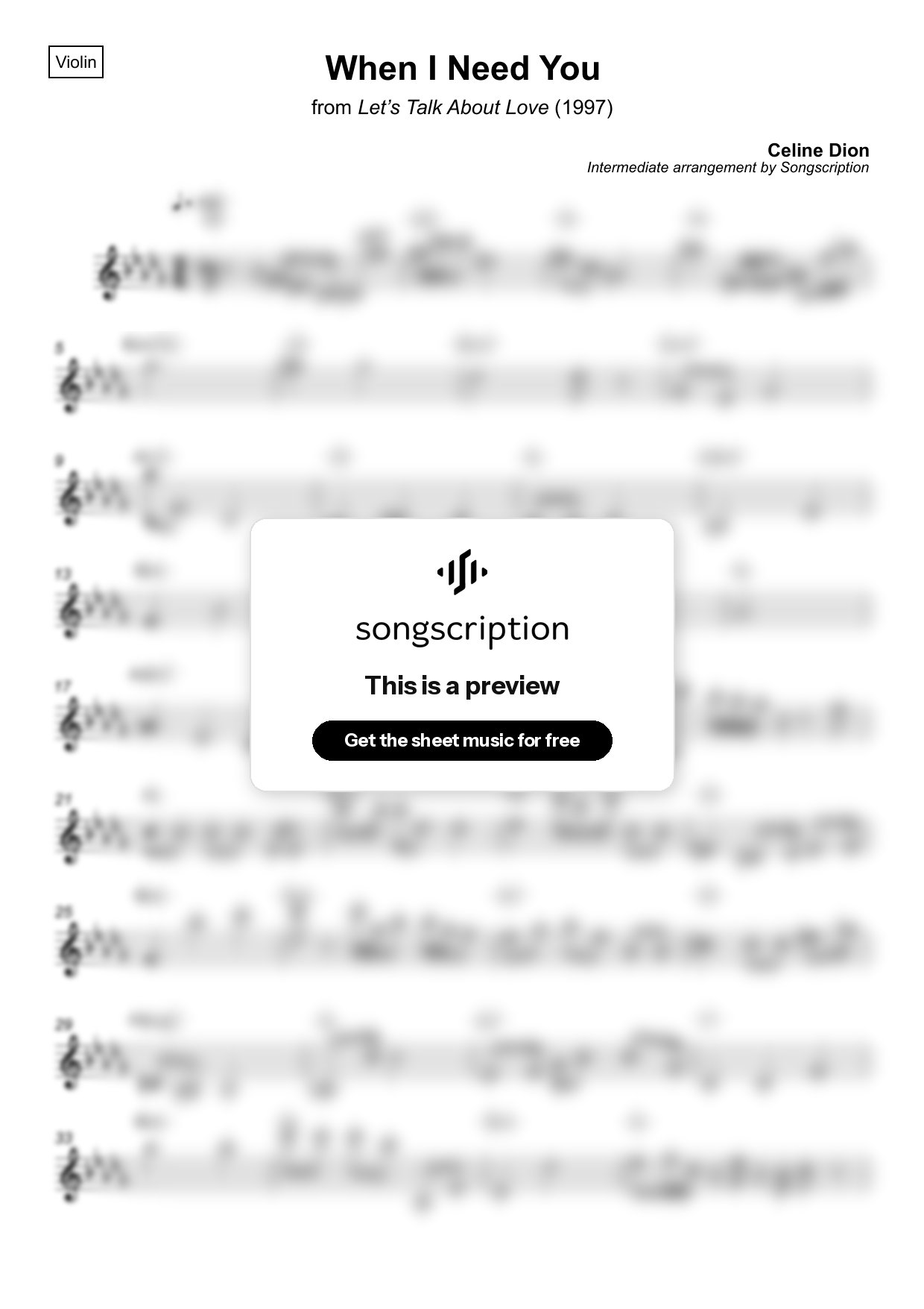 Intermediate Violin Sheet Music for "When I Need You" by Celine Dion