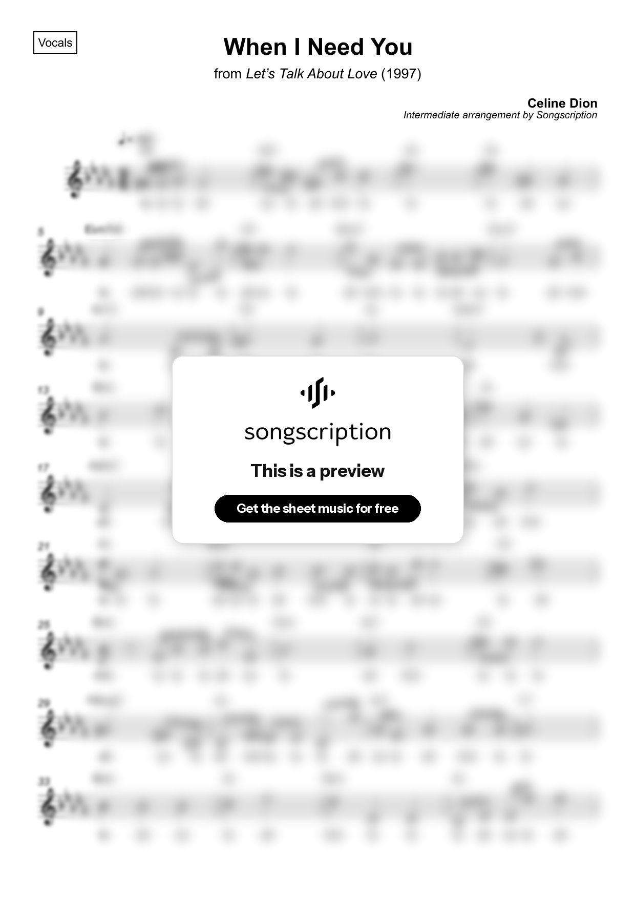 Intermediate Vocals Sheet Music for "When I Need You" by Celine Dion
