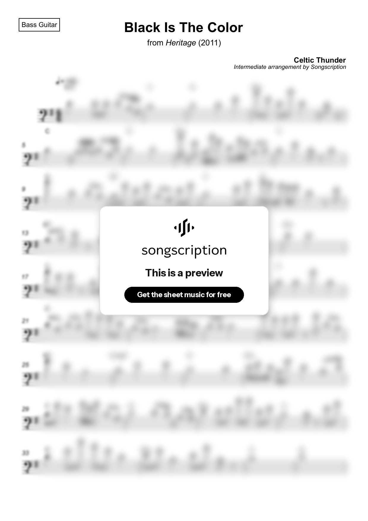 Intermediate Bass Guitar Sheet Music for "Black Is The Color" by Celtic Thunder