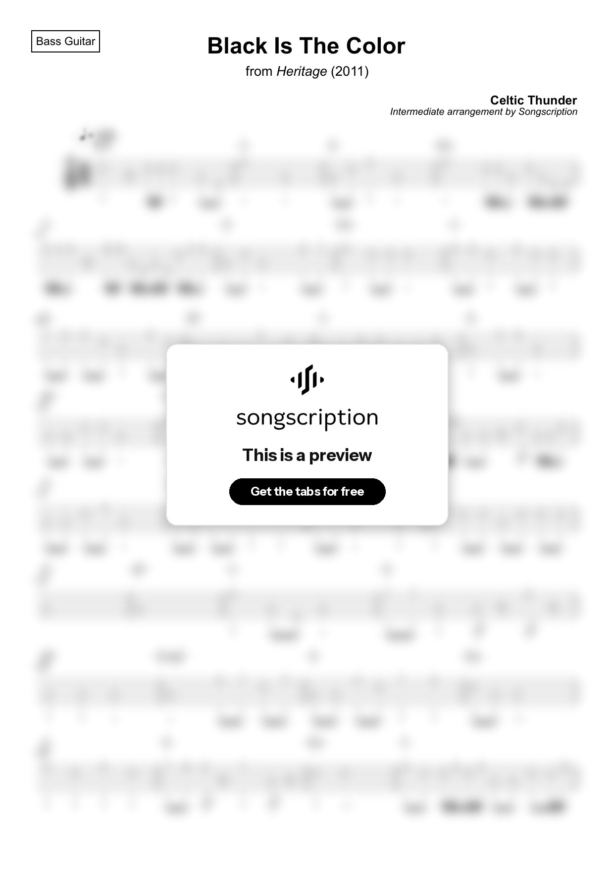 Intermediate Bass Guitar Tabs for "Black Is The Color" by Celtic Thunder