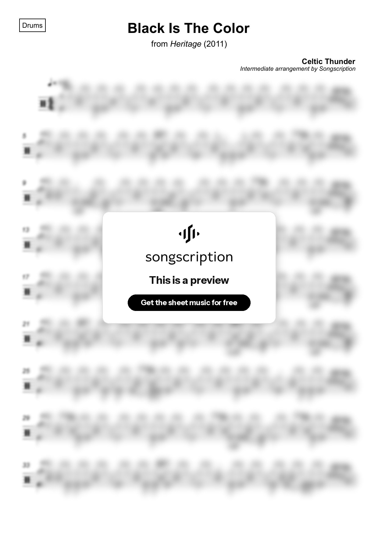 Intermediate Drums Sheet Music for "Black Is The Color" by Celtic Thunder