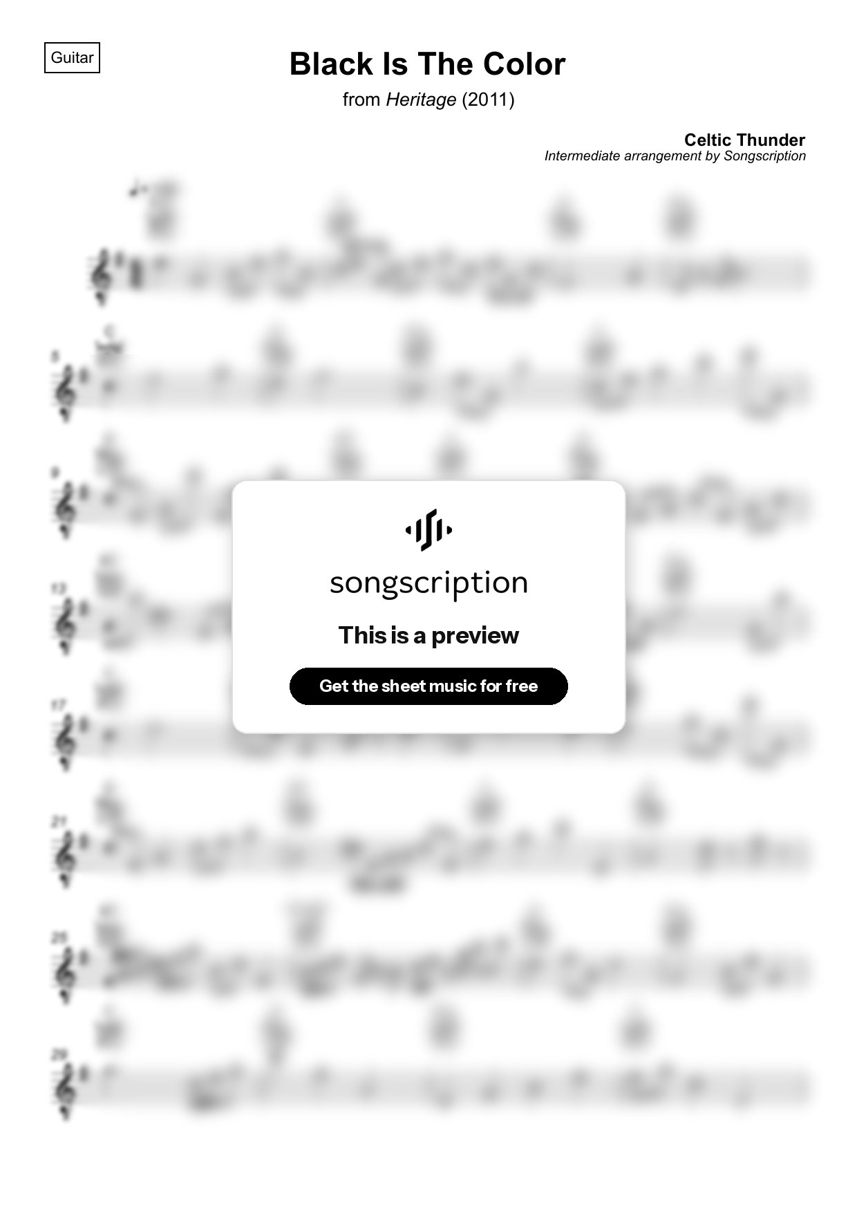 Intermediate Acoustic Guitar Sheet Music for "Black Is The Color" by Celtic Thunder
