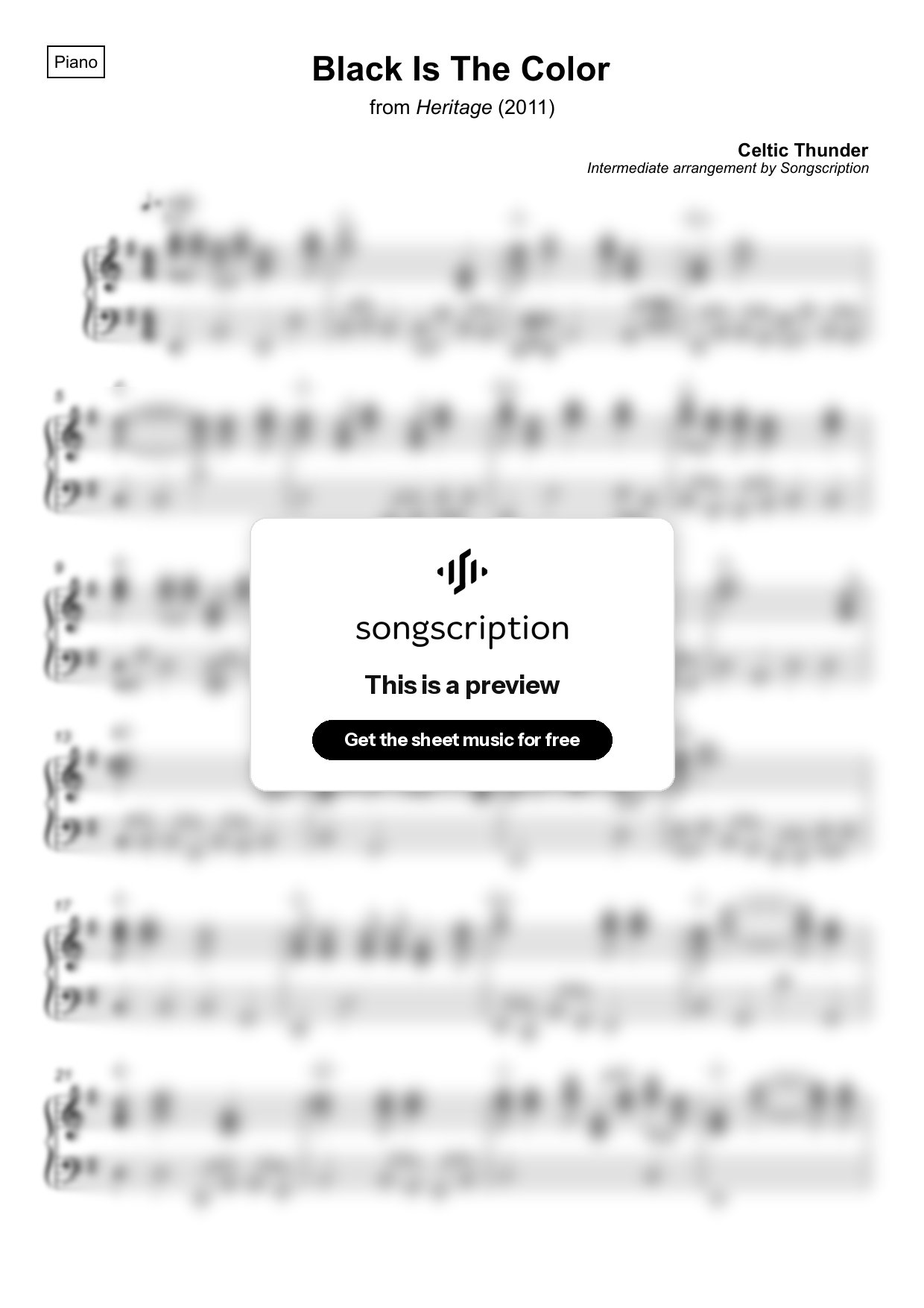 Intermediate Piano Sheet Music for "Black Is The Color" by Celtic Thunder
