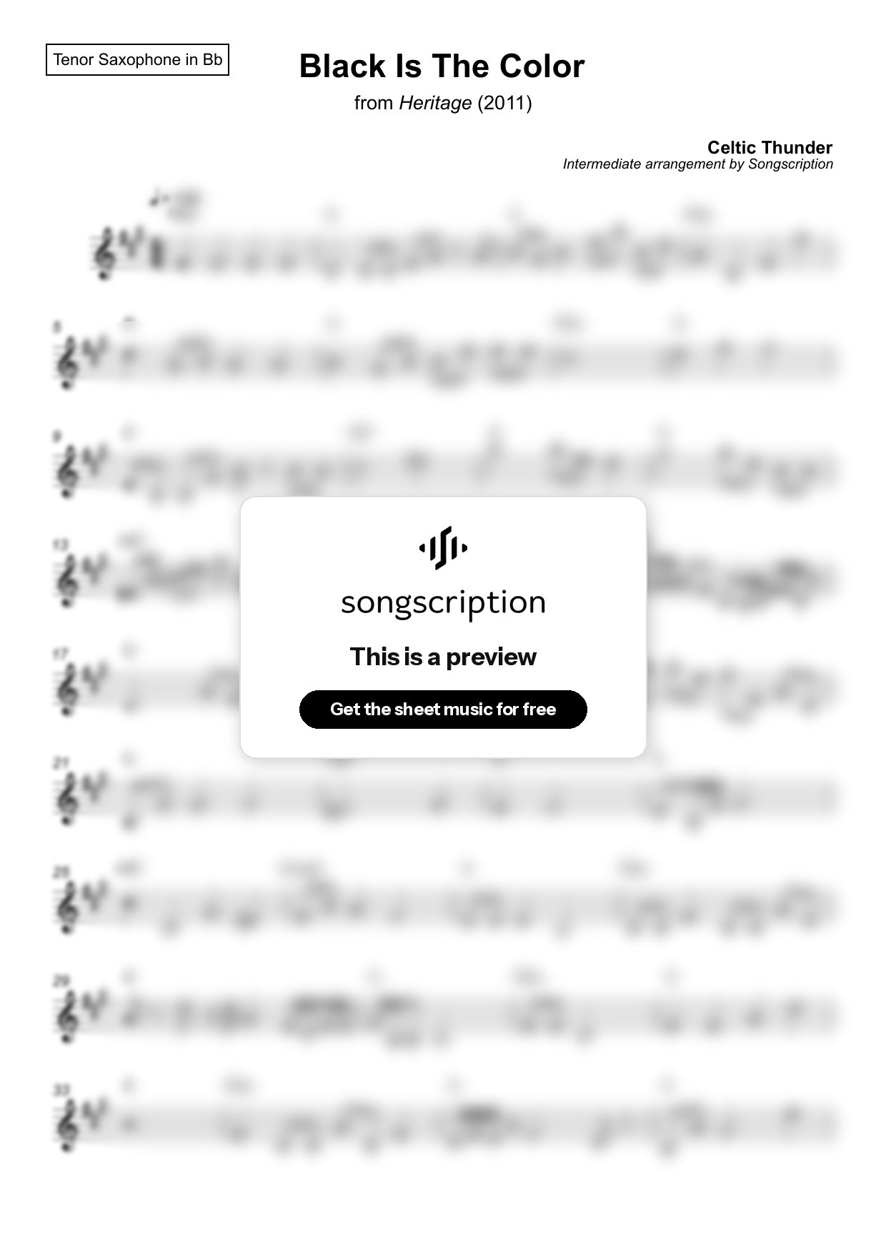 Intermediate Tenor Sax Sheet Music for "Black Is The Color" by Celtic Thunder