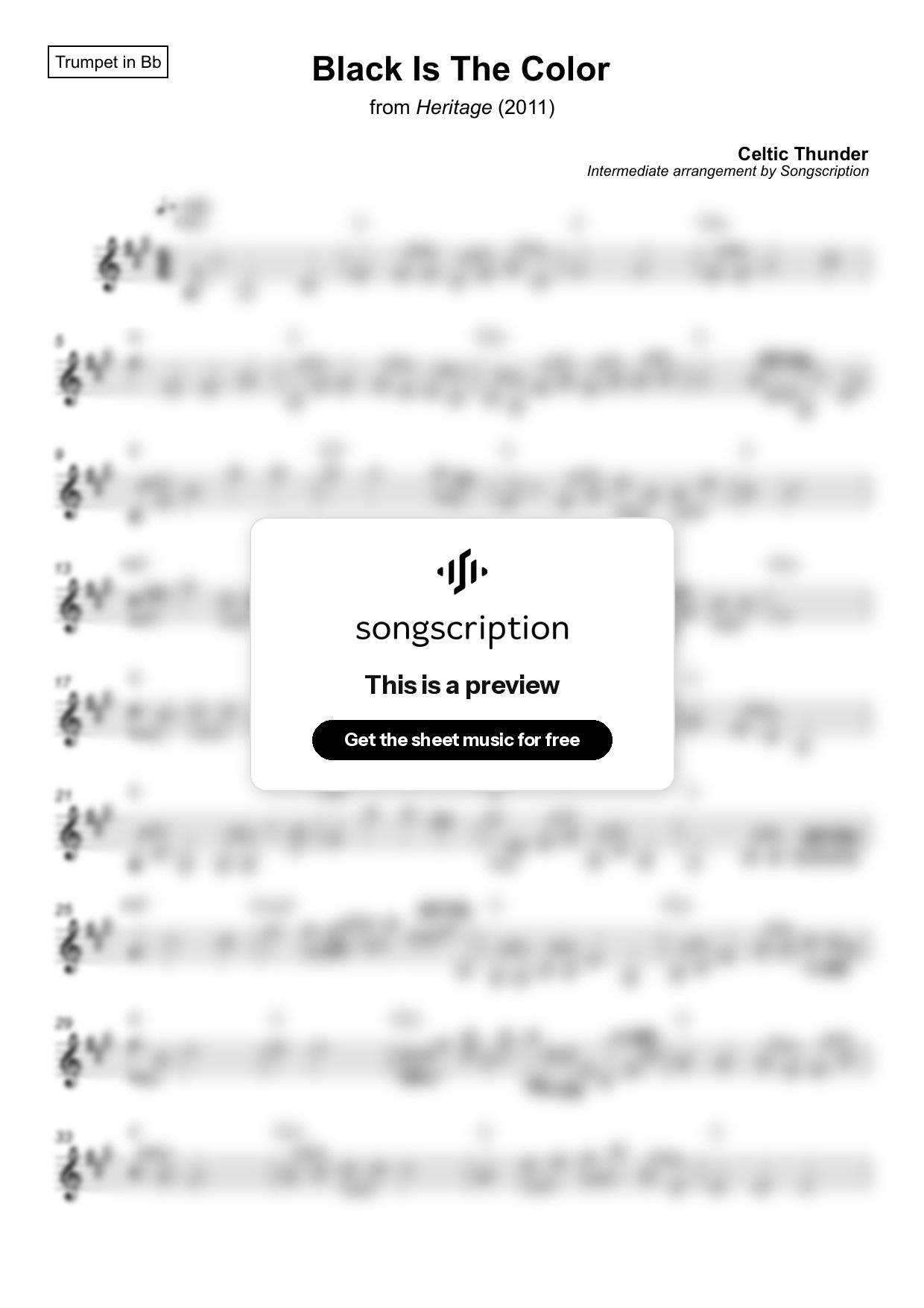 Intermediate Trumpet Sheet Music for "Black Is The Color" by Celtic Thunder