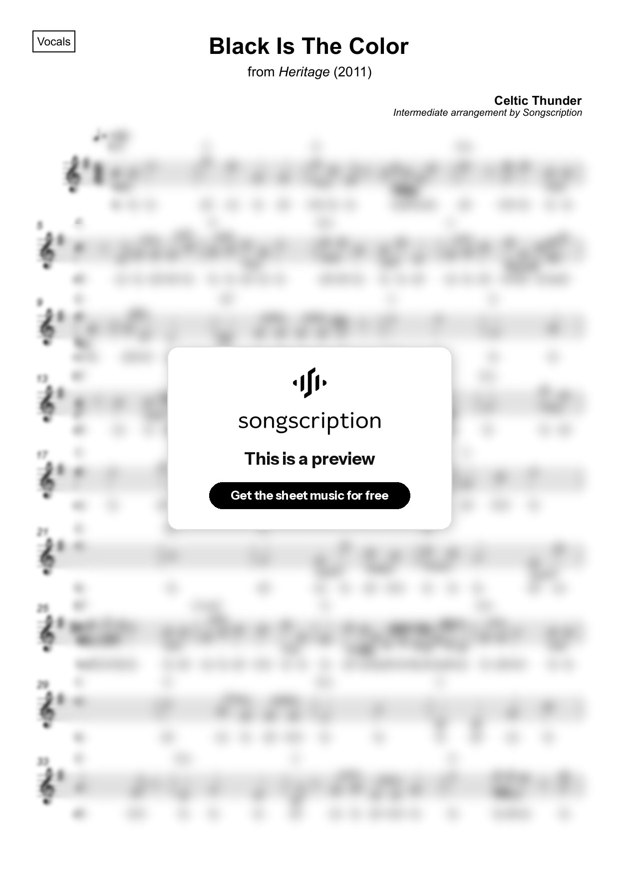 Intermediate Vocals Sheet Music for "Black Is The Color" by Celtic Thunder