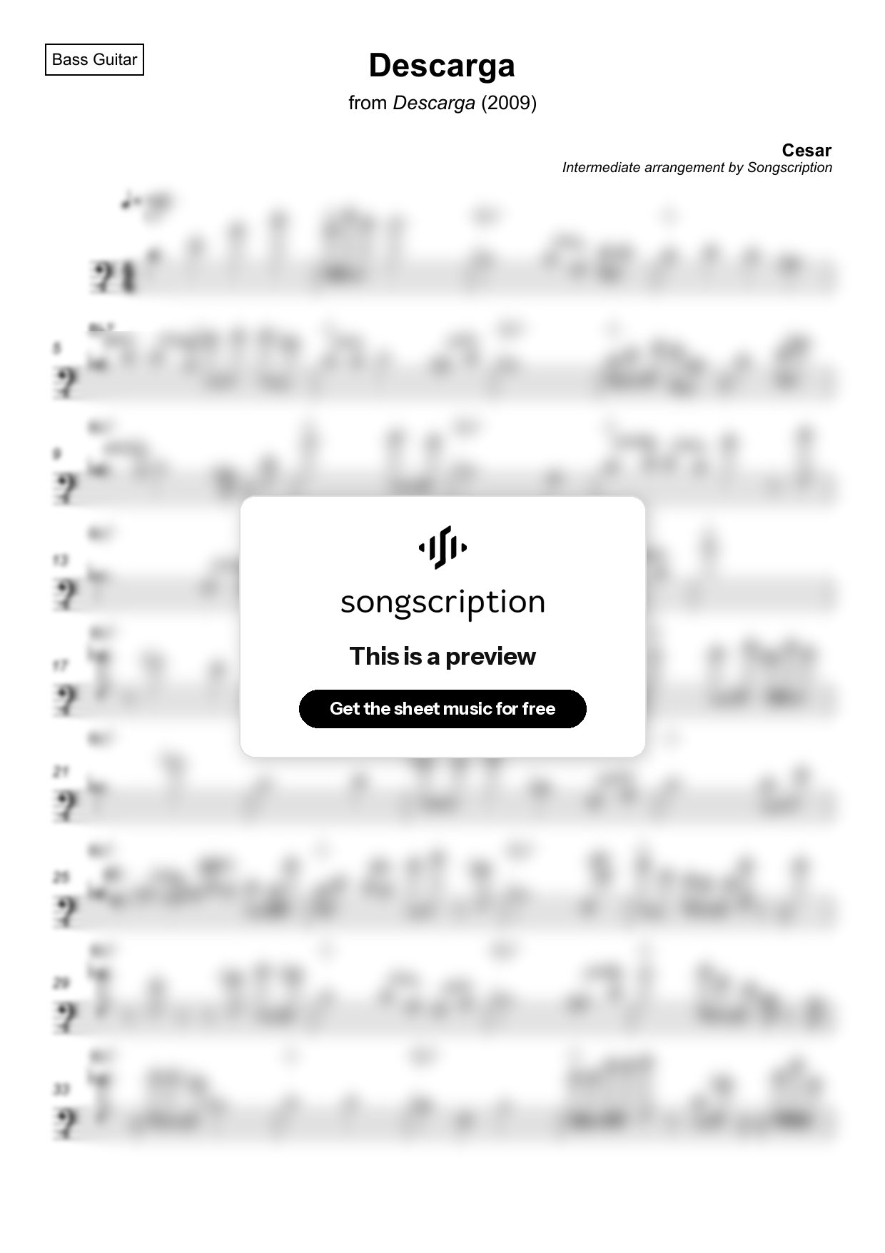 Intermediate Bass Guitar Sheet Music for "Descarga" by Cesar