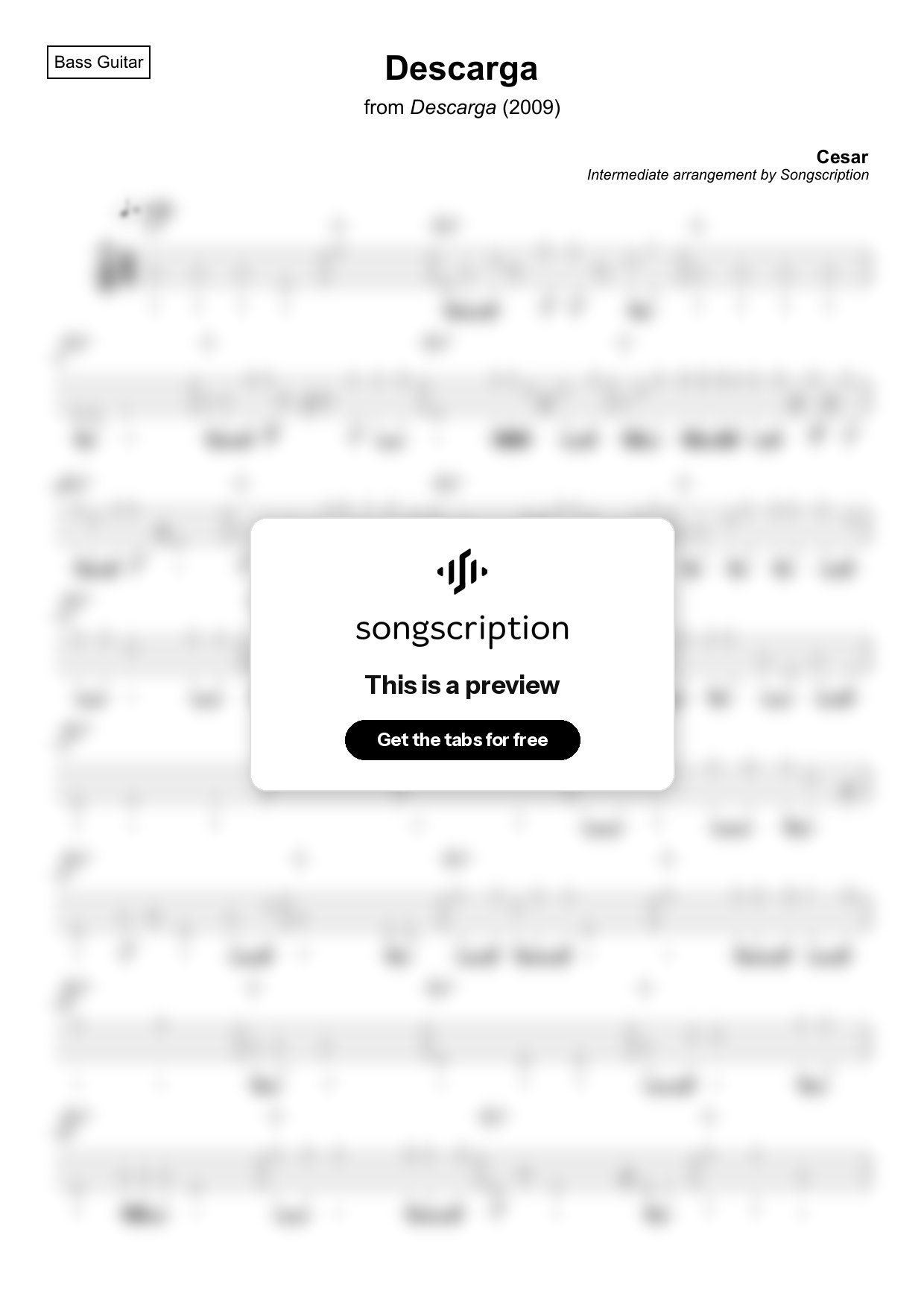 Intermediate Bass Guitar Tabs for "Descarga" by Cesar