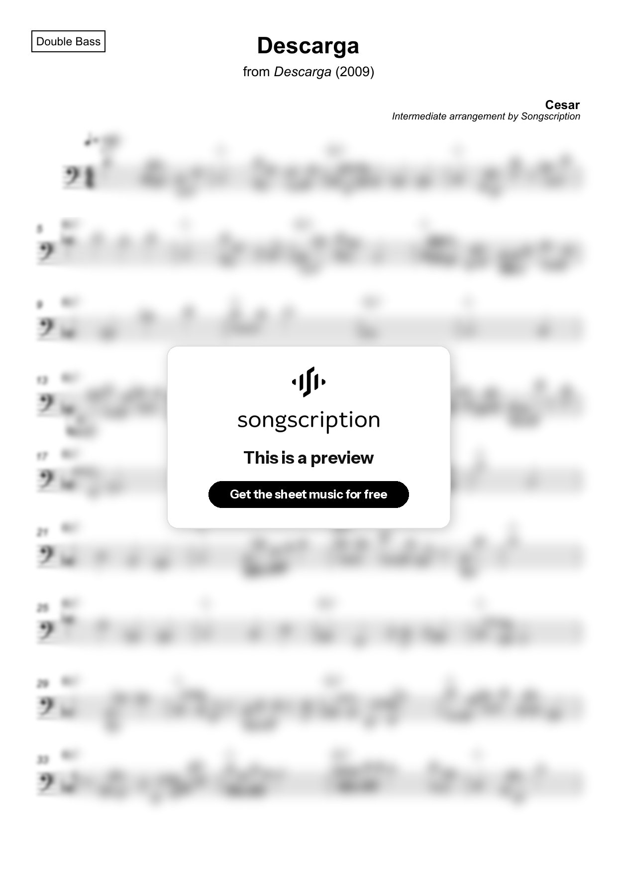 Intermediate Double Bass Sheet Music for "Descarga" by Cesar