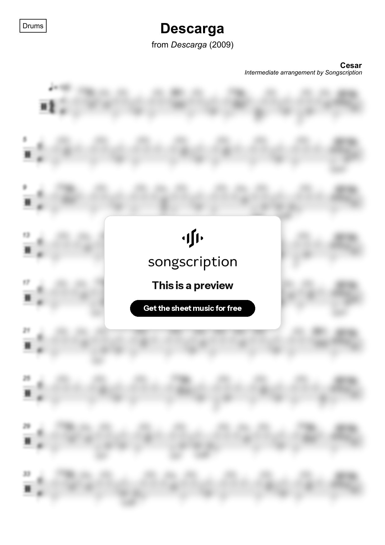 Intermediate Drums Sheet Music for "Descarga" by Cesar