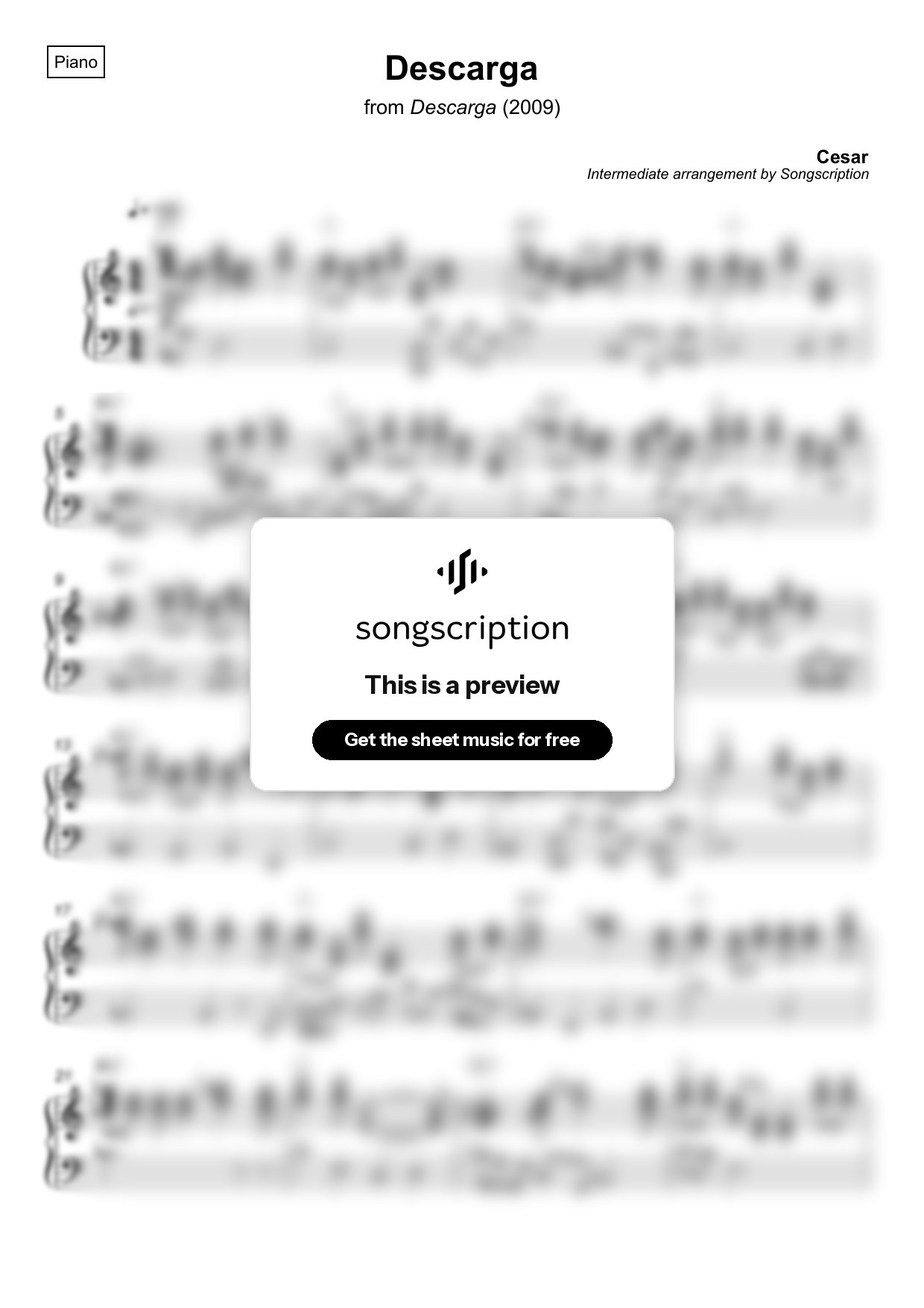 Intermediate Piano Sheet Music for "Descarga" by Cesar