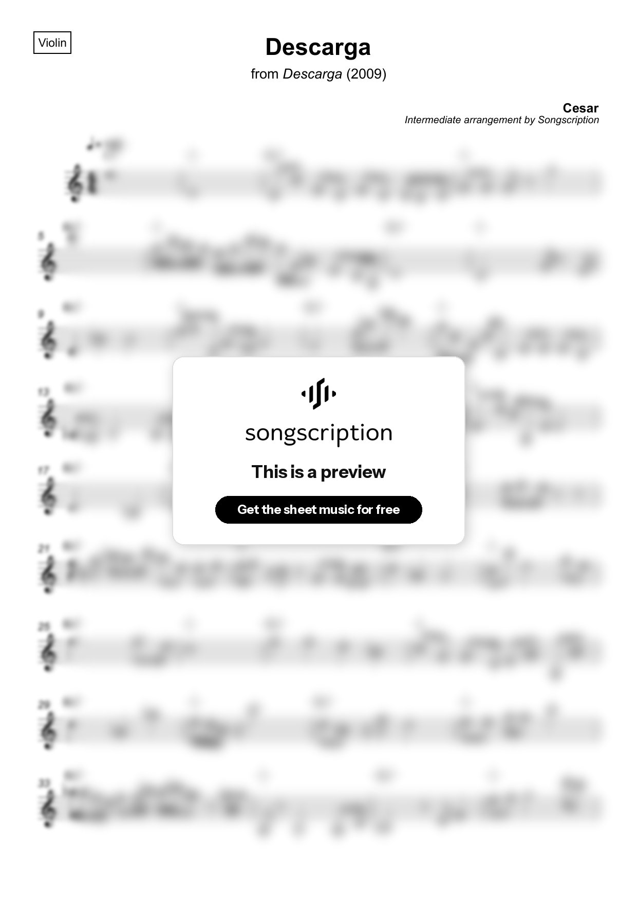 Intermediate Violin Sheet Music for "Descarga" by Cesar