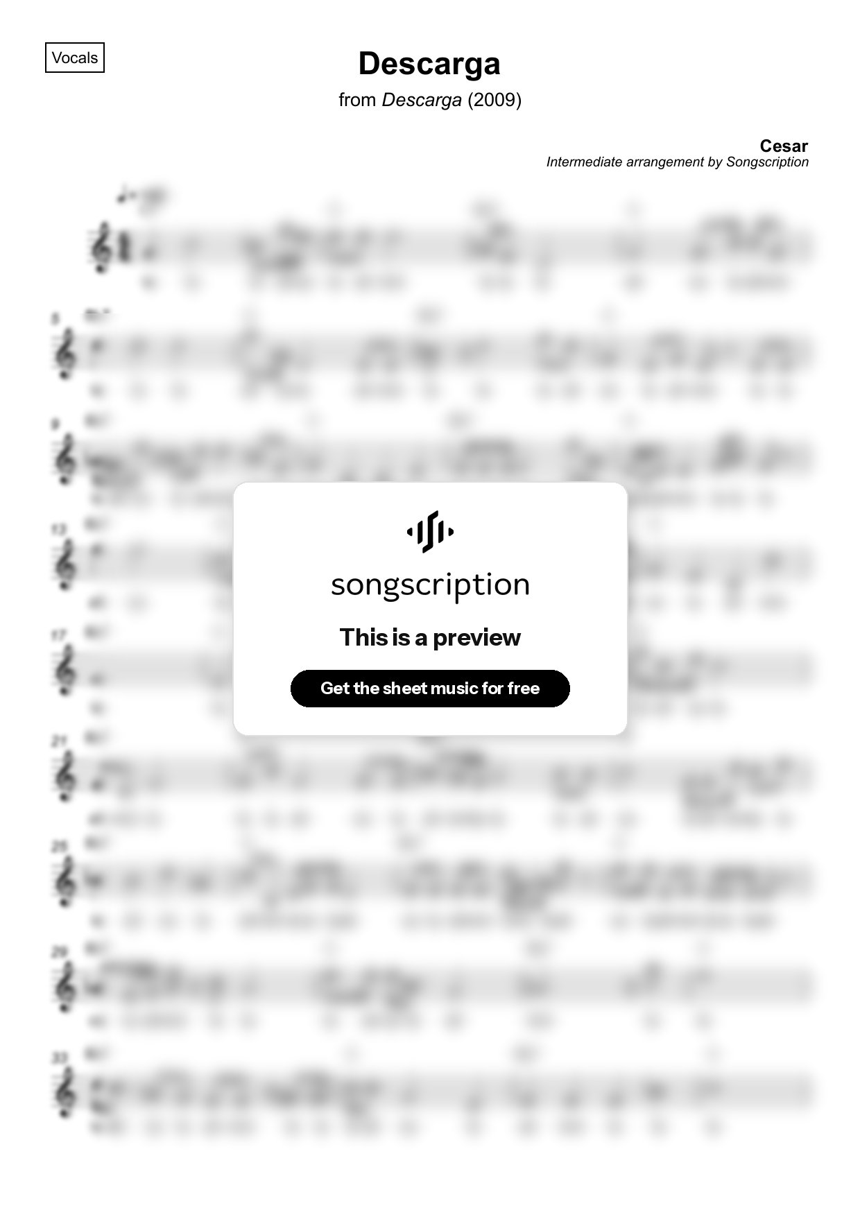 Intermediate Vocals Sheet Music for "Descarga" by Cesar