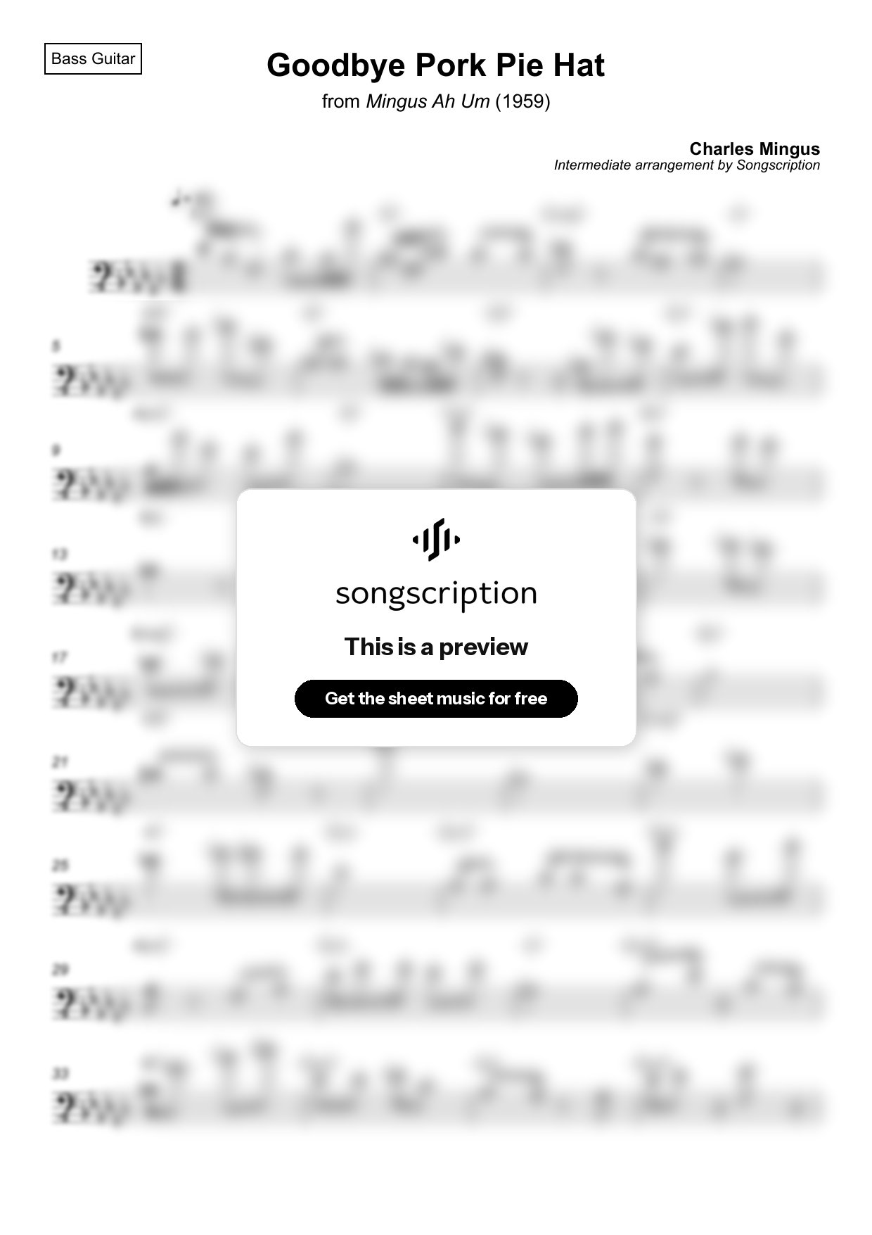 Intermediate Bass Guitar Sheet Music for "Goodbye Pork Pie Hat" by Charles Mingus