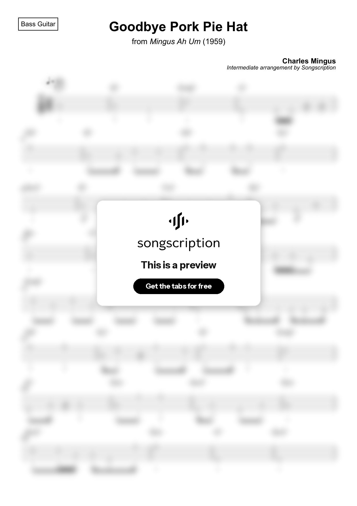 Intermediate Bass Guitar Tabs for "Goodbye Pork Pie Hat" by Charles Mingus