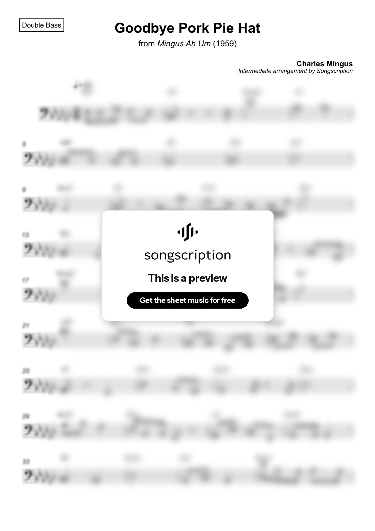 Intermediate Double Bass Sheet Music for "Goodbye Pork Pie Hat" by Charles Mingus
