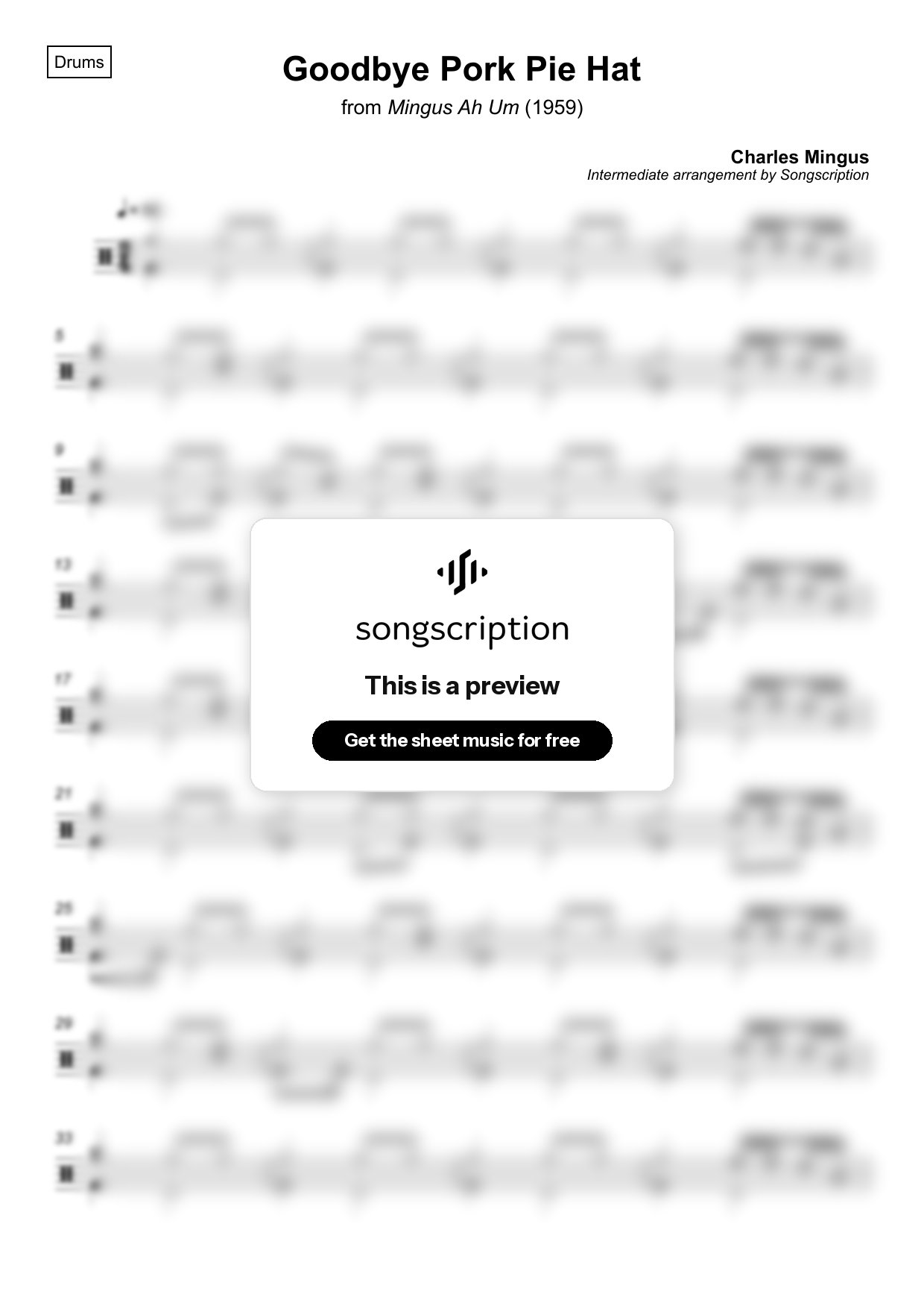 Intermediate Drums Sheet Music for "Goodbye Pork Pie Hat" by Charles Mingus