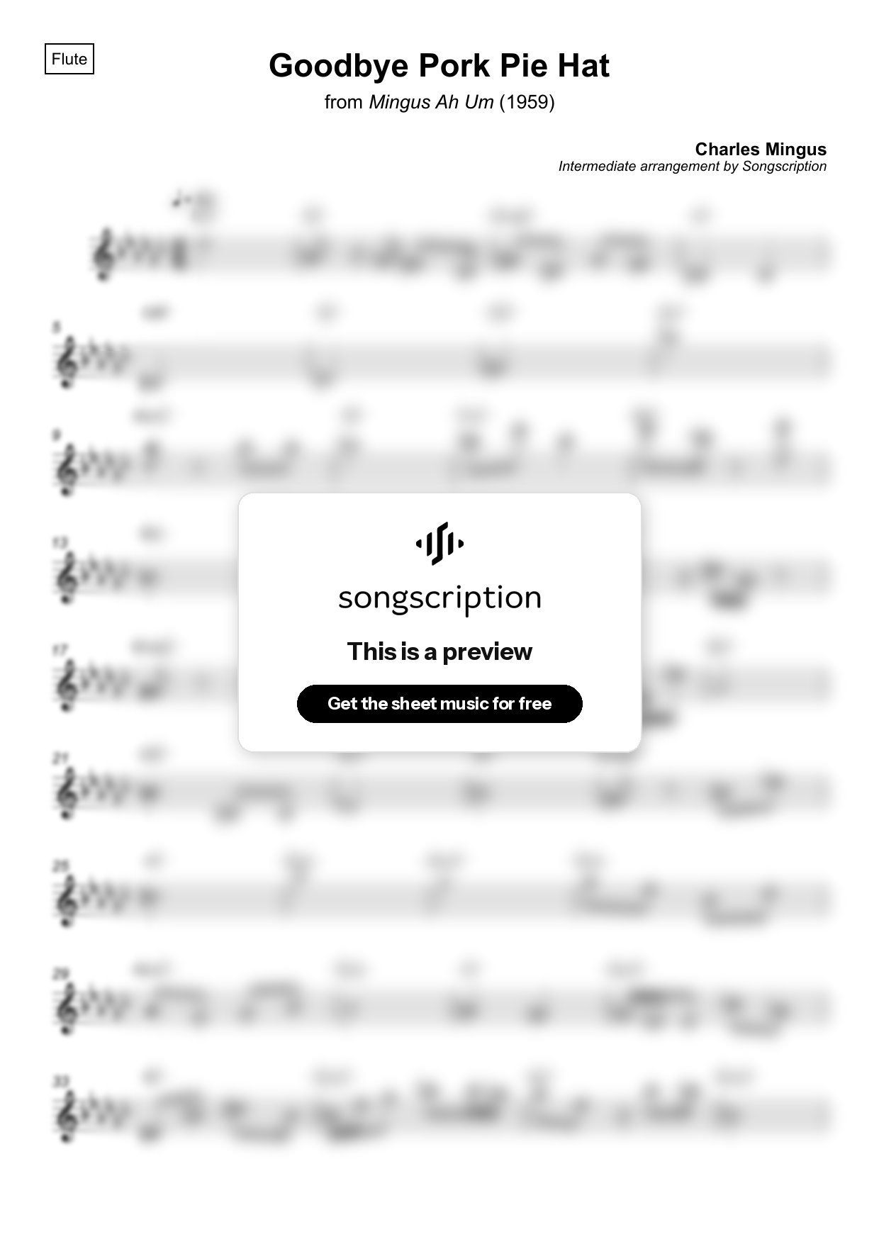 Intermediate Flute Sheet Music for "Goodbye Pork Pie Hat" by Charles Mingus
