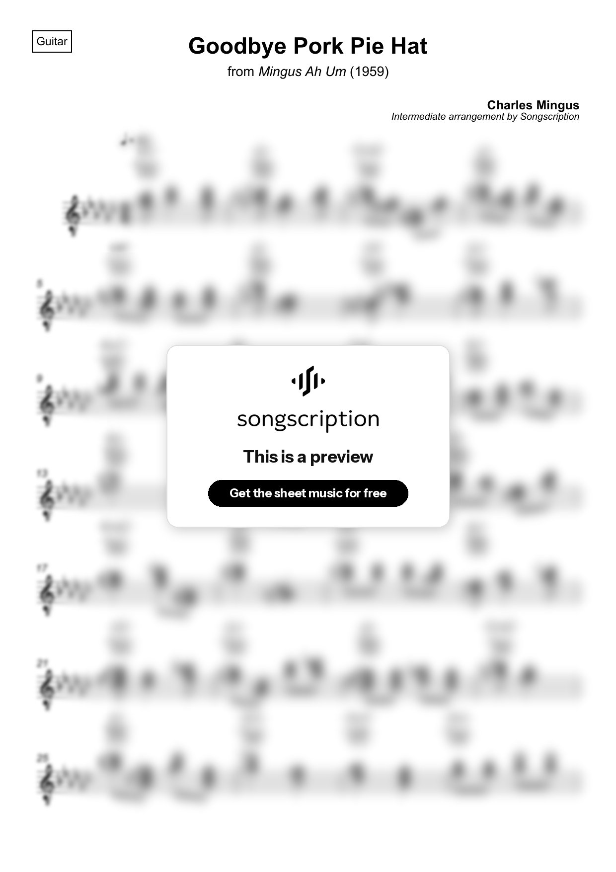 Intermediate Acoustic Guitar Sheet Music for "Goodbye Pork Pie Hat" by Charles Mingus