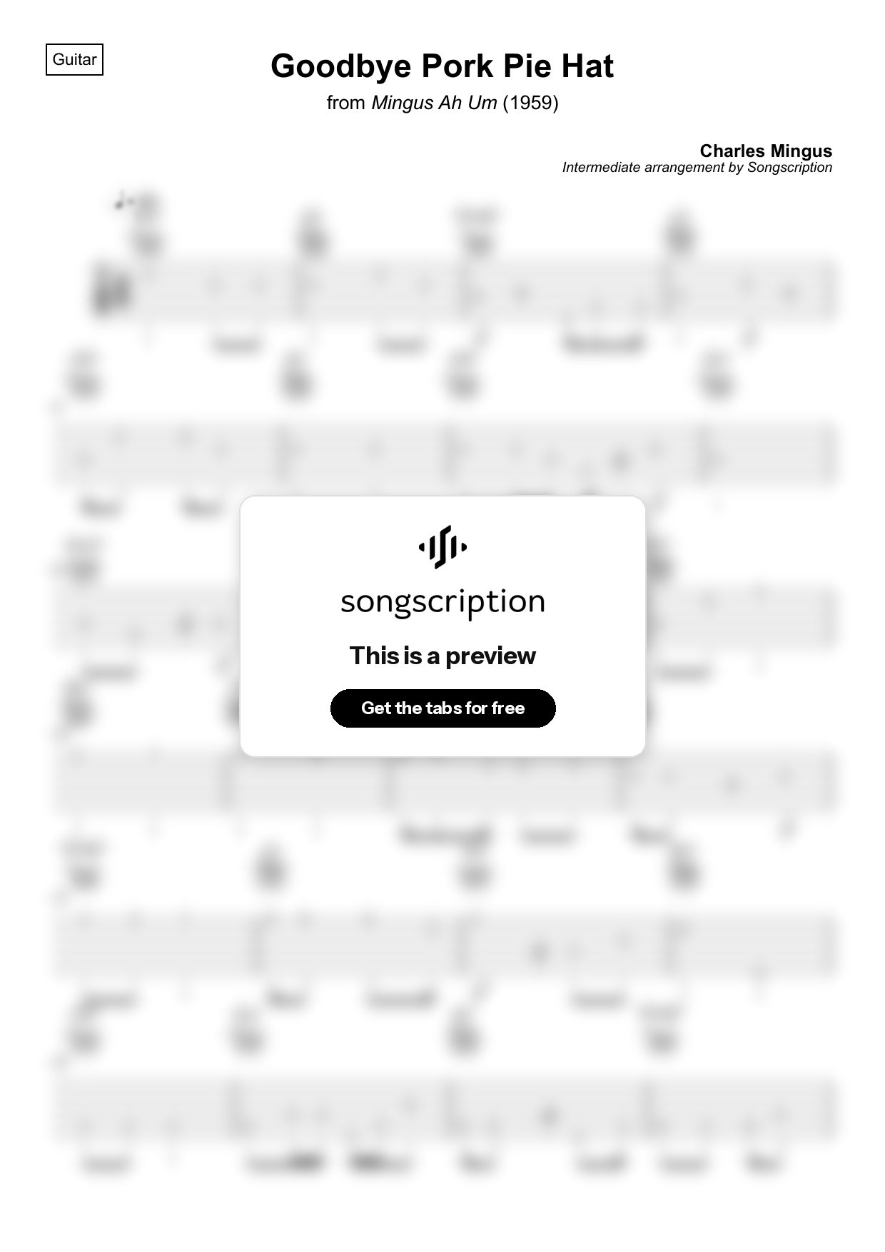 Intermediate Acoustic Guitar Tabs for "Goodbye Pork Pie Hat" by Charles Mingus