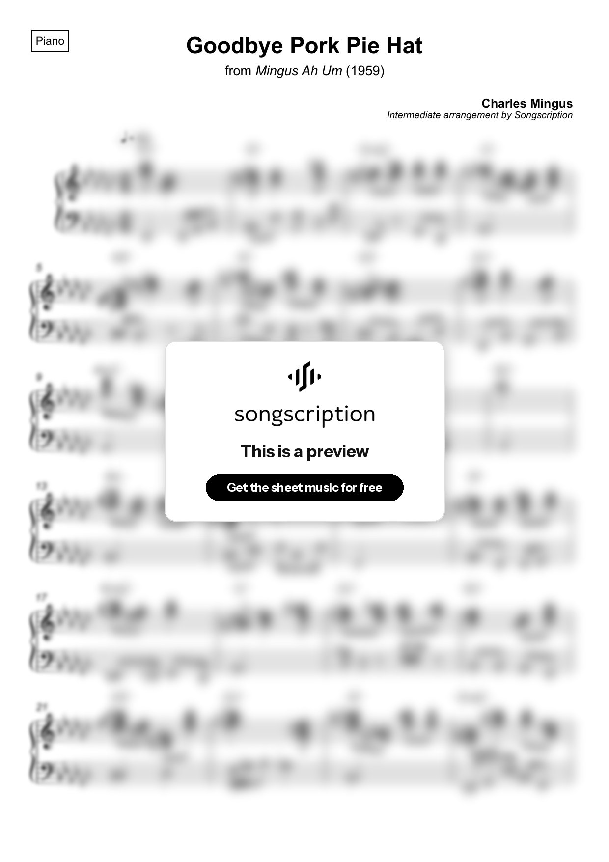Intermediate Piano Sheet Music for "Goodbye Pork Pie Hat" by Charles Mingus