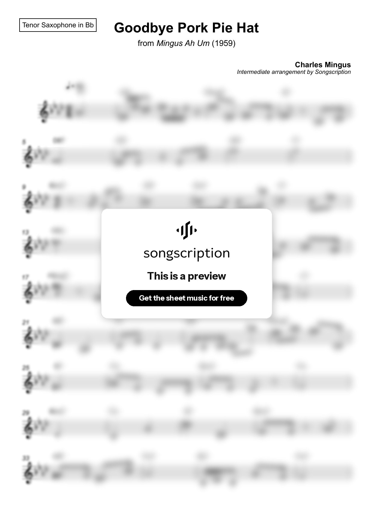 Intermediate Tenor Sax Sheet Music for "Goodbye Pork Pie Hat" by Charles Mingus