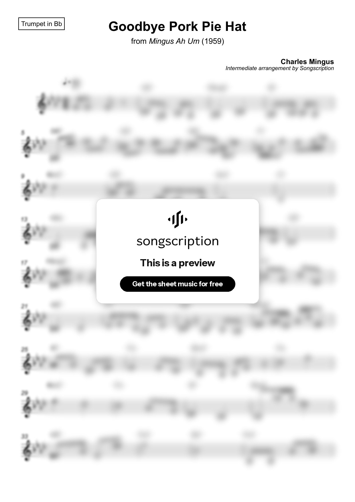 Intermediate Trumpet Sheet Music for "Goodbye Pork Pie Hat" by Charles Mingus